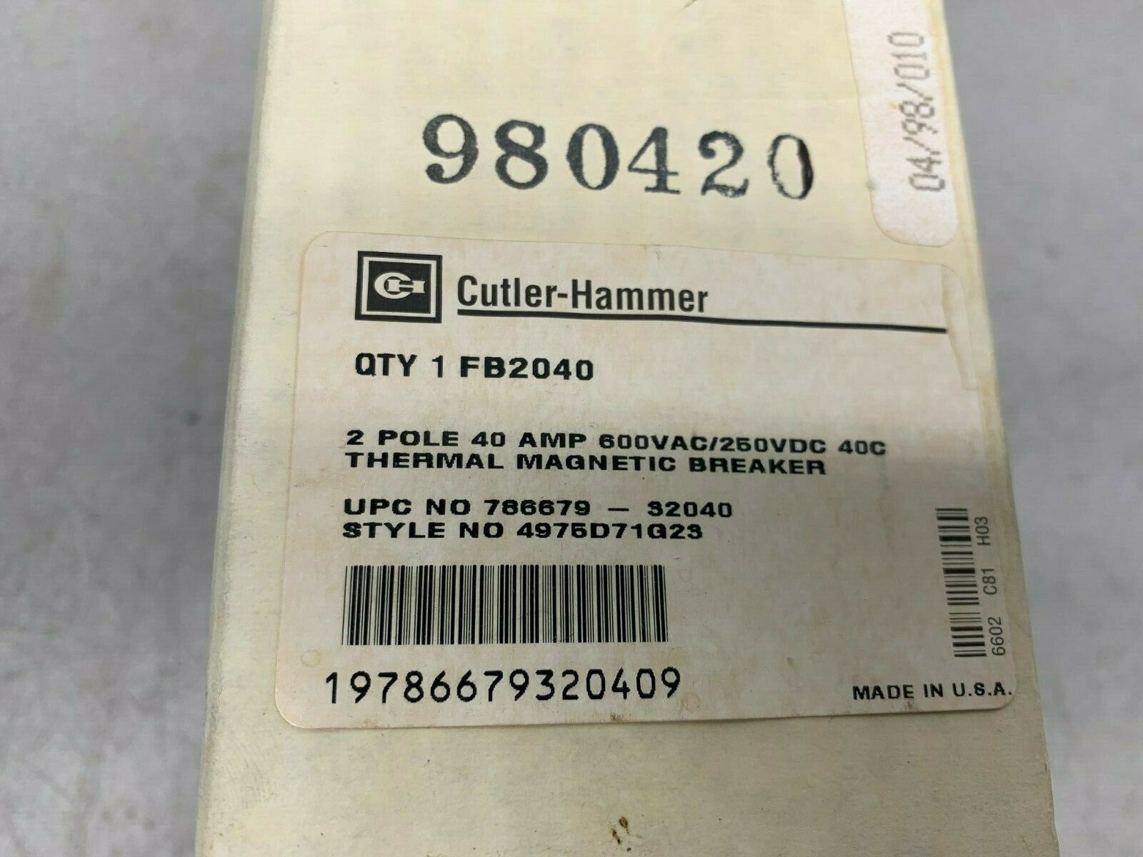 NEW IN BOX CUTLER-HAMMER 4975D71G23 TYPE FB 2 POLE 40AMP CIRCUIT BREAKER FB2040