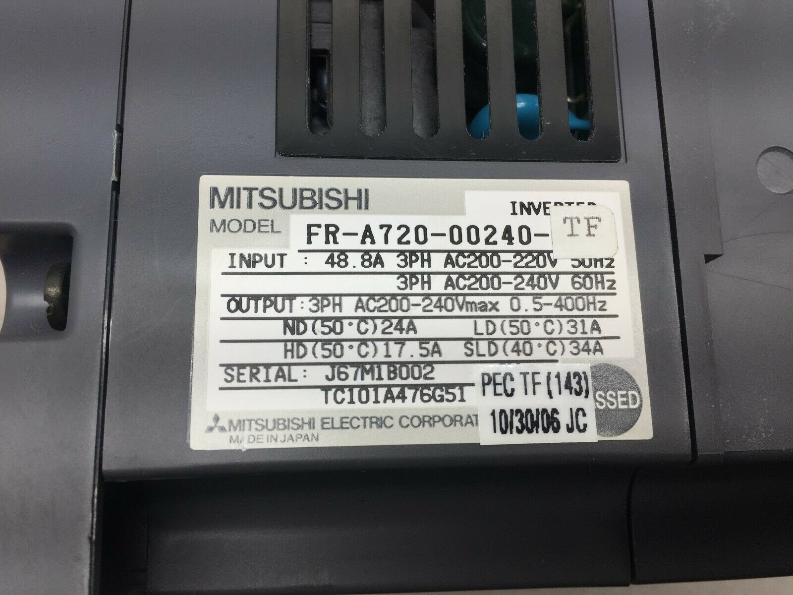 USED MITSUBISHI 48AMP 3PH 0.5-400HZ 200-240VAC INVERTER DRIVE FR-A720-00240-TF