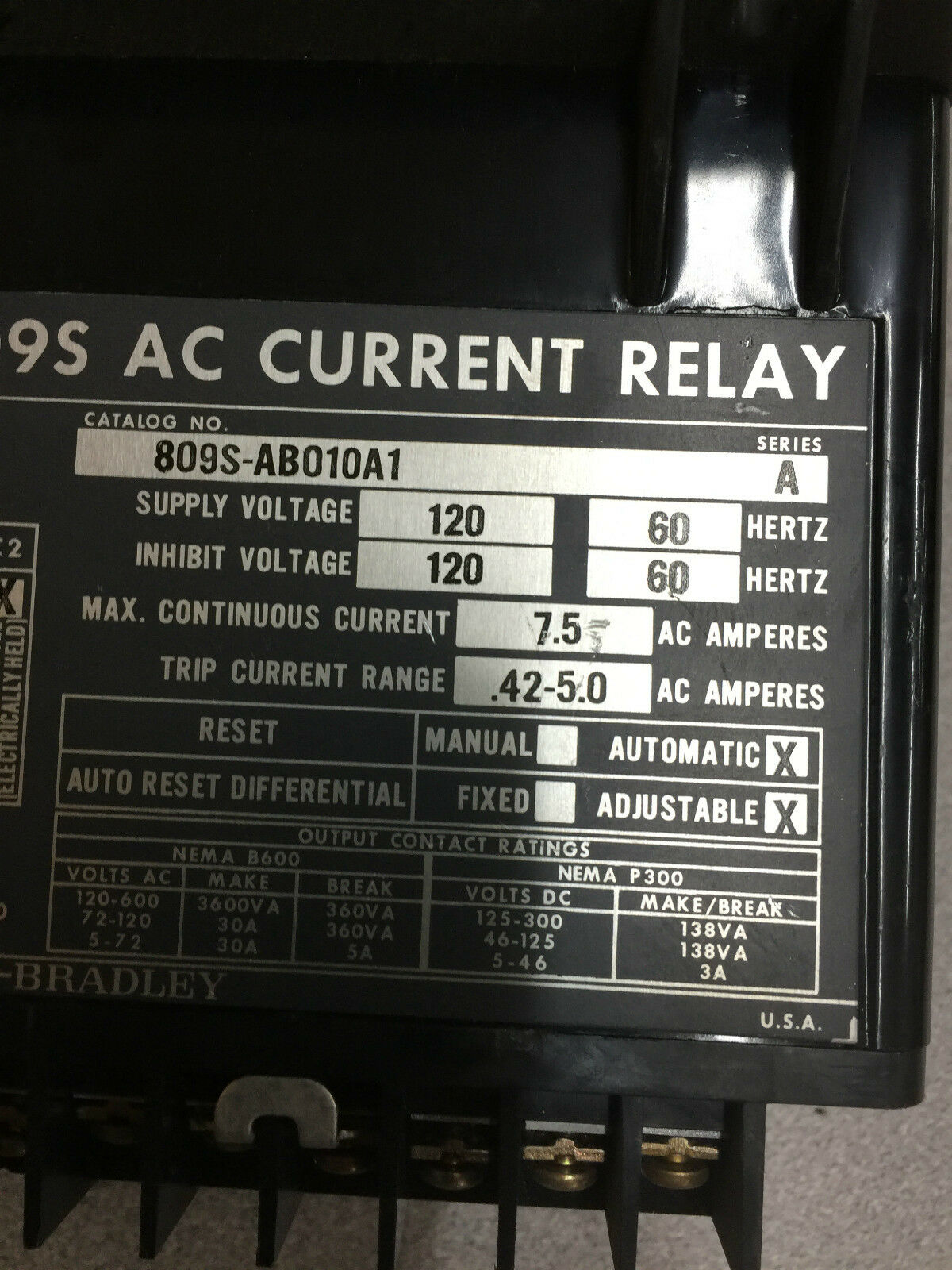 USED ALLEN-BRADLEY BULLETIN 809S AC CURRENT RELAY 809S-AB010A1 SERIES A