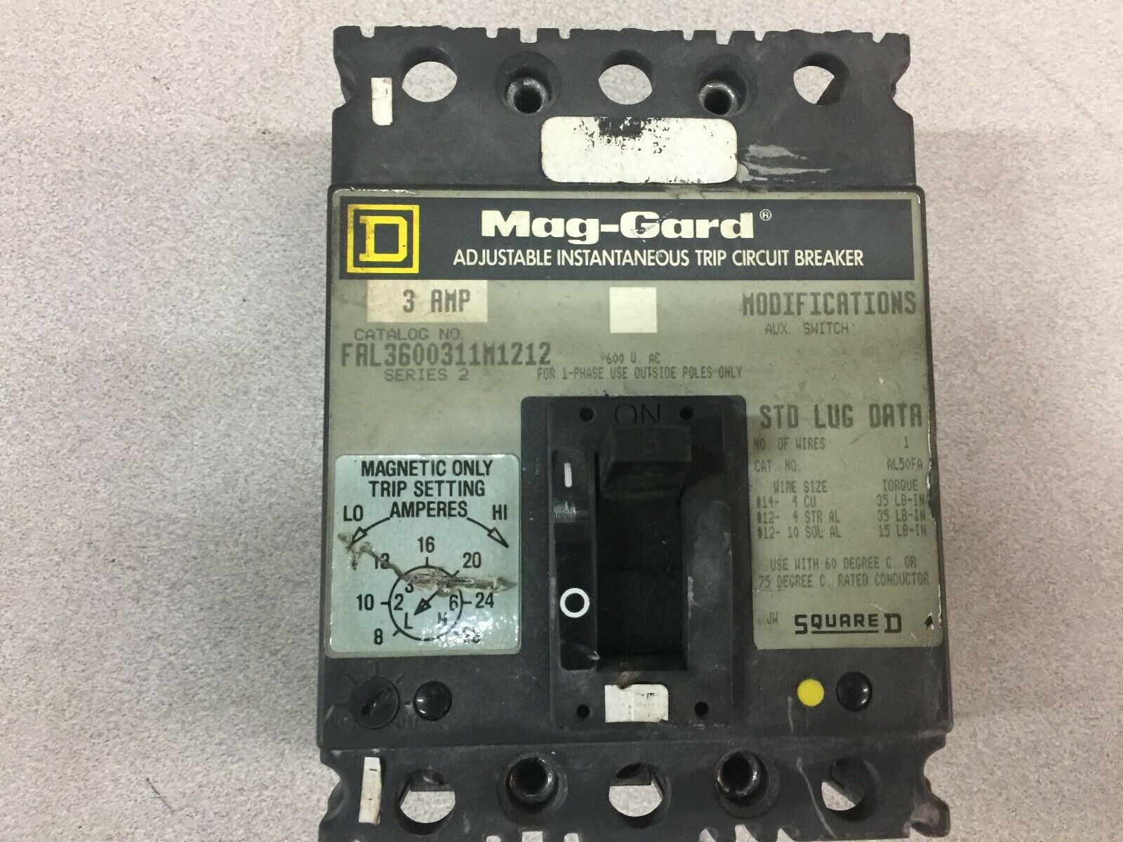 USED SQUARE D 3AMP 3POLE 600VAC MAG-GARD BREAKER FAL3600311M1212