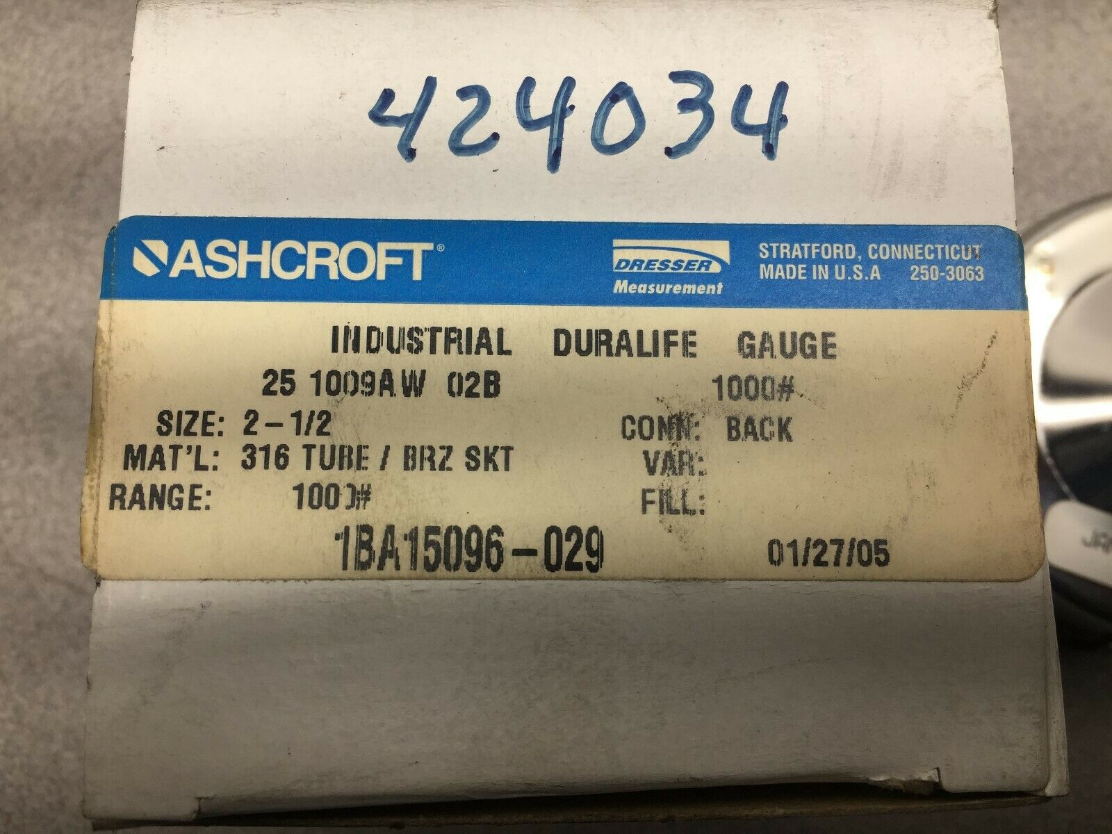 NEW IN BOX ASHCROFT 2 1/2" 0-1000# 316 SS DURALIFE GUAGE 1BA15096-029