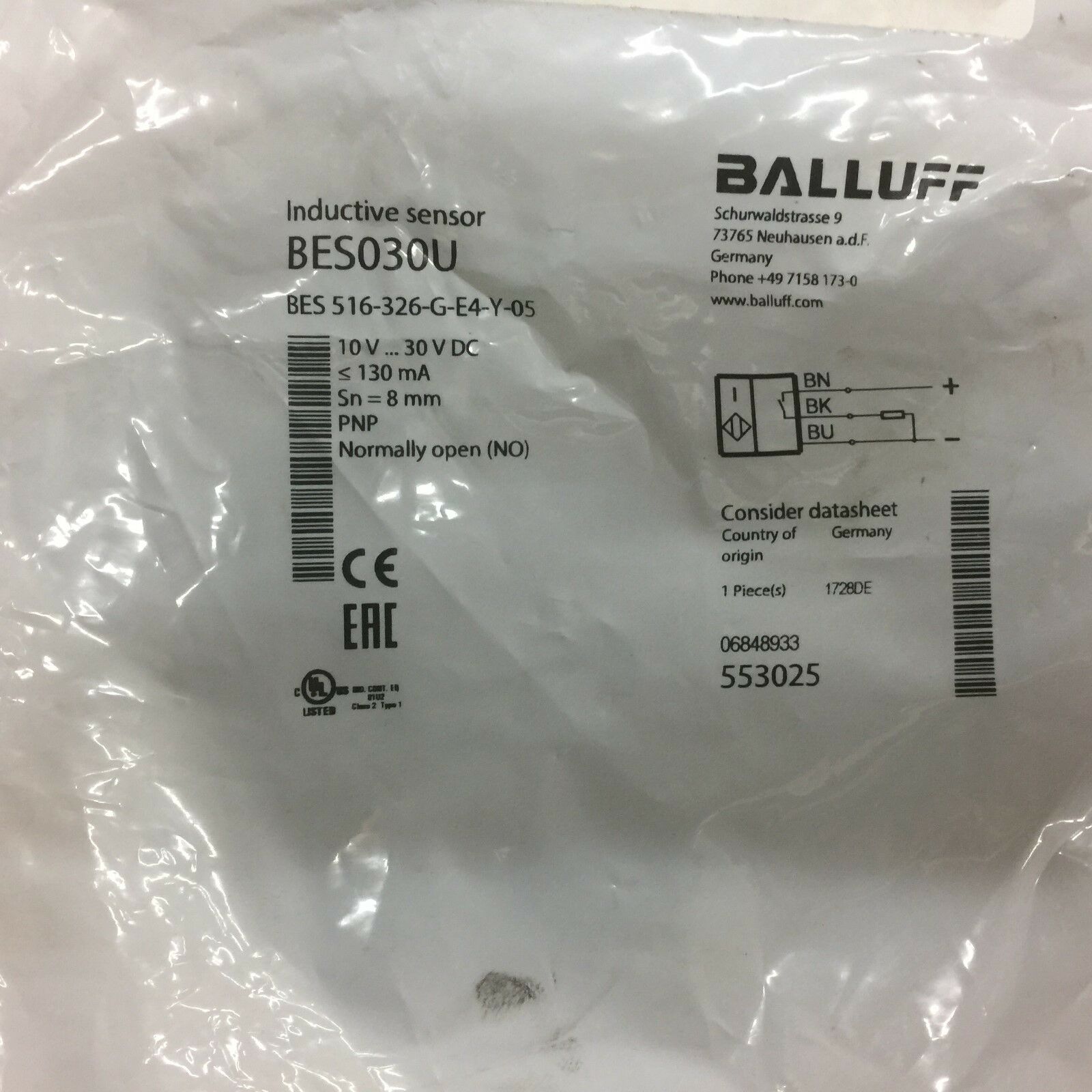 NEW IN BAG BALLUFF INDUCTIVE PROX BES 516-326-G-E4-Y-05