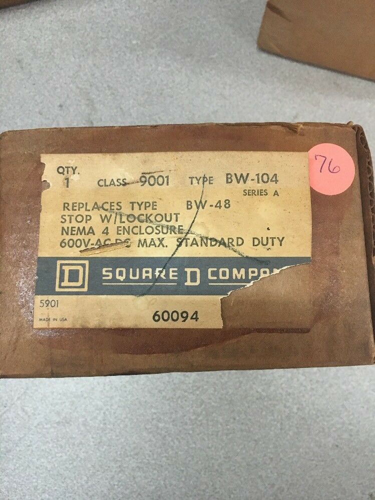 NEW IN BOX SQUARE D PUSHBUTTON STOP STATION 9001 BW-104 SERIES A