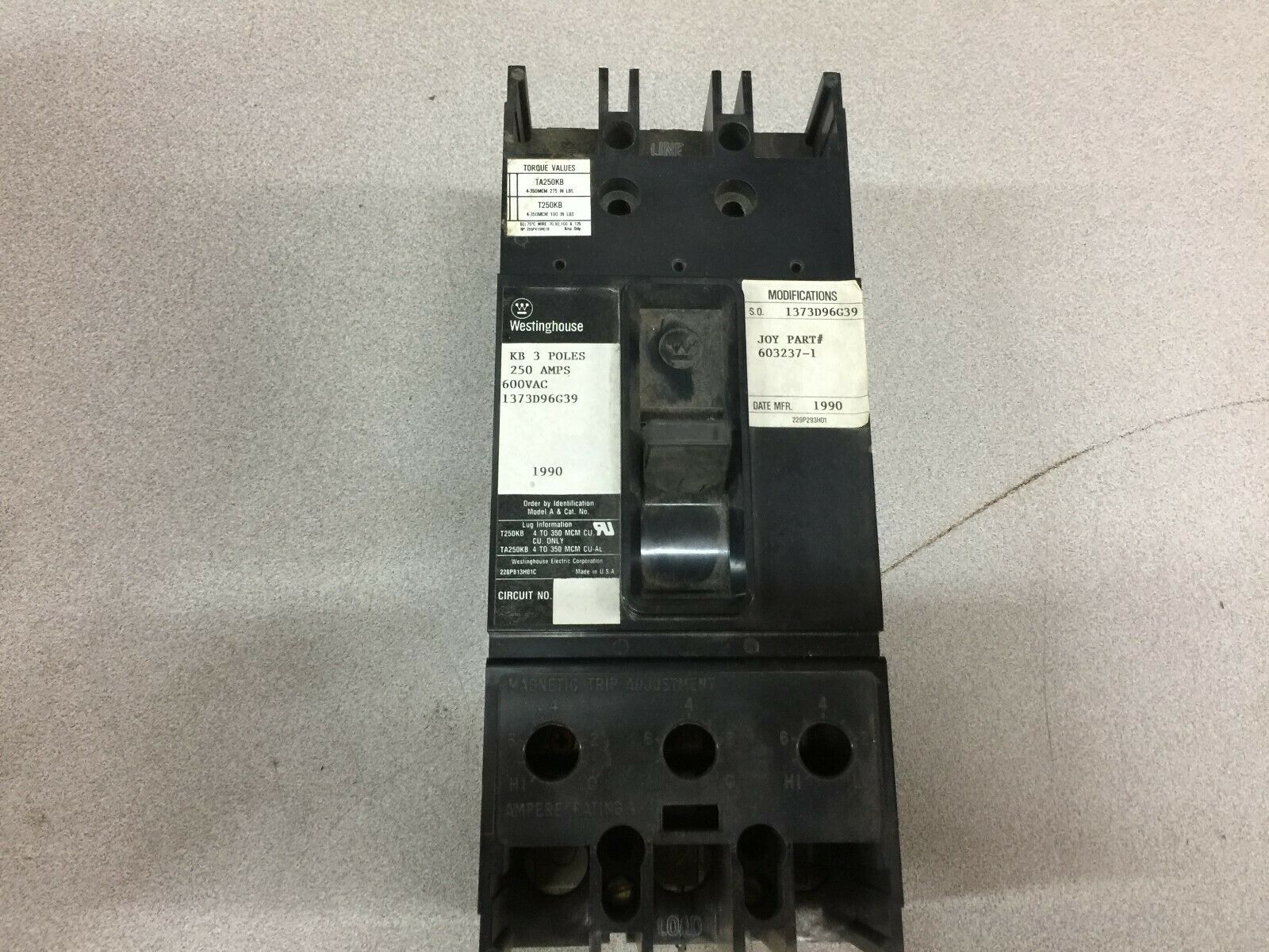 NEW IN BOX WESTINGHOUSE 250AMP 3POLE 600VAC BREAKER FRAME 137D96C39 / 603237-1