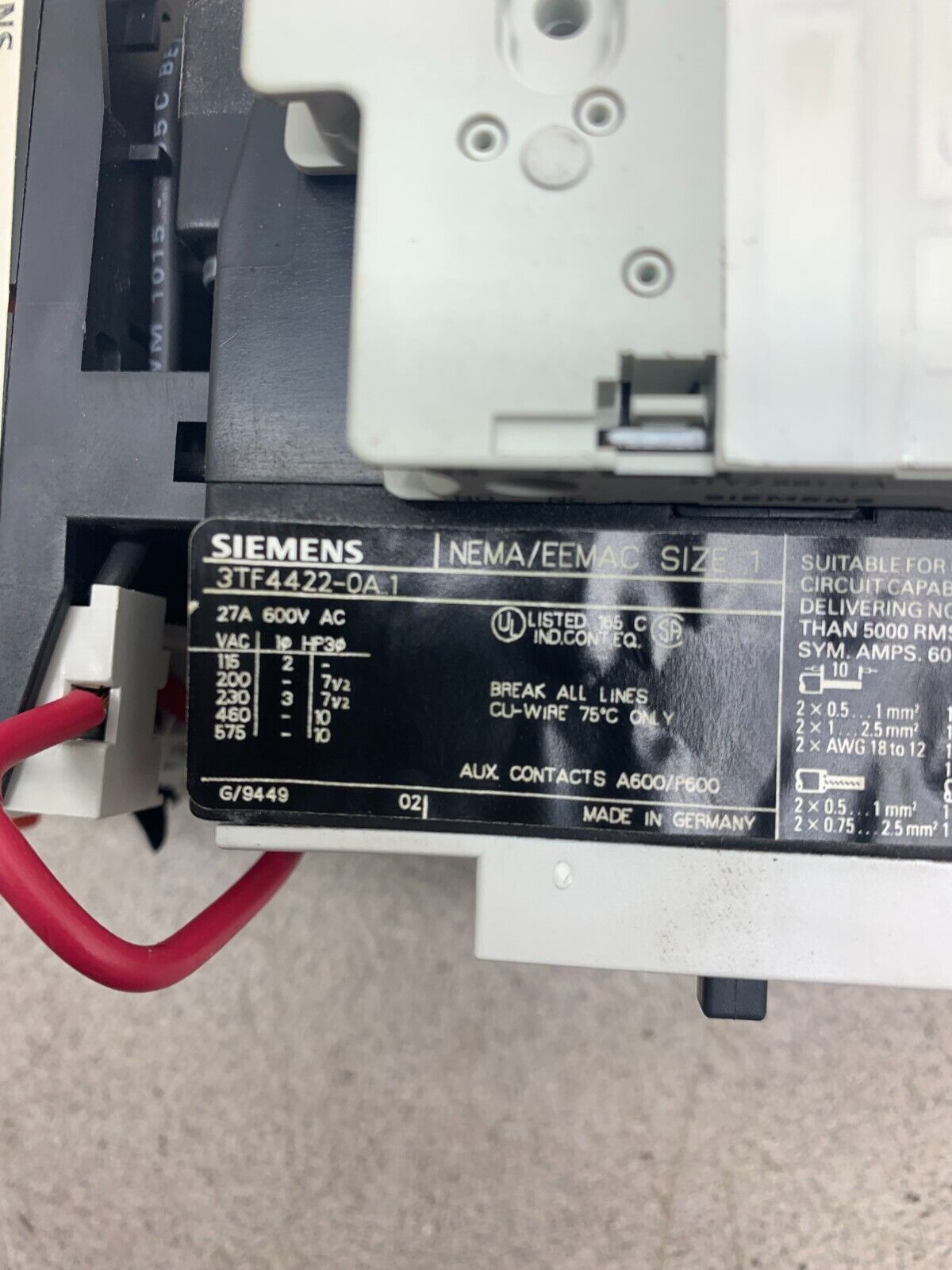 SIEMENS 3TF44 SIZE 1 STARTER 110/120V. COIL WITH 3UA55 00-1E RELAY 3TF4422-0A1