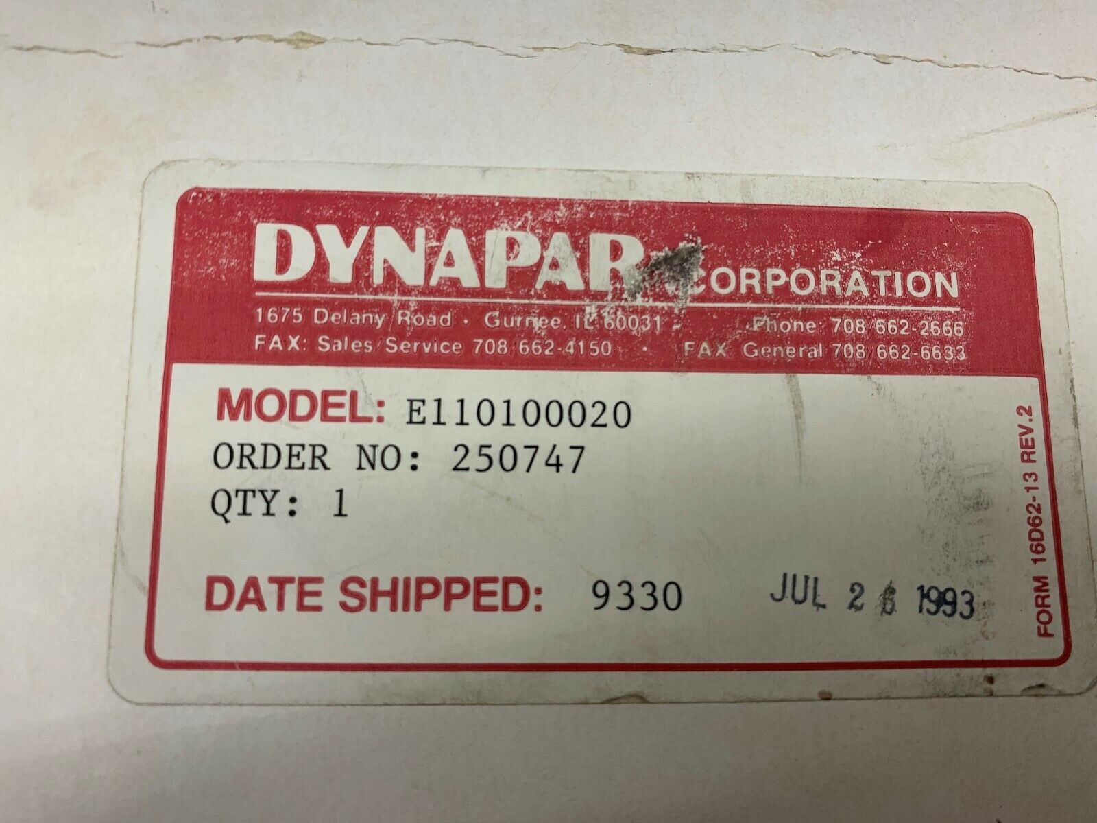 NEW IN BOX DYNAPAR PART E110100020