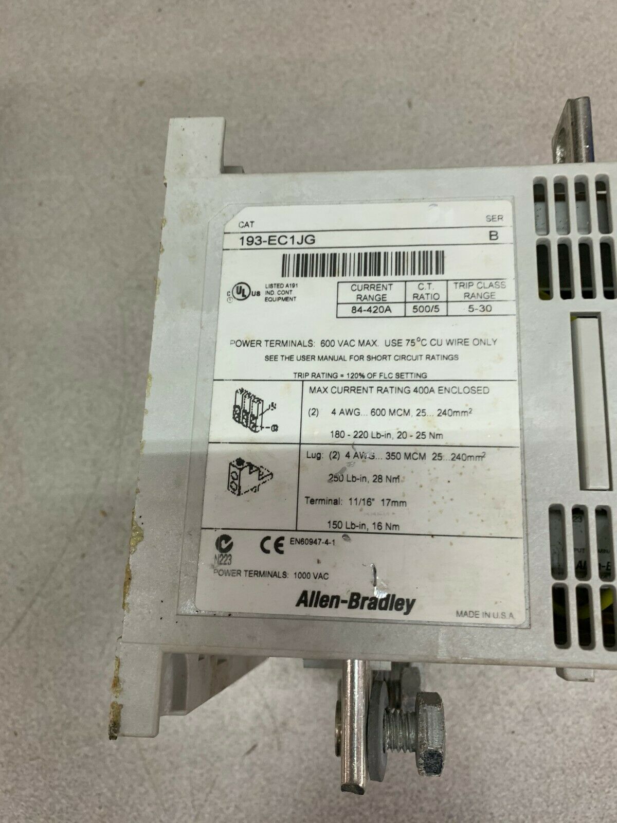 USED ALLEN-BRADLEY OVERLOAD RELAY 193-EC1JG SERIES B