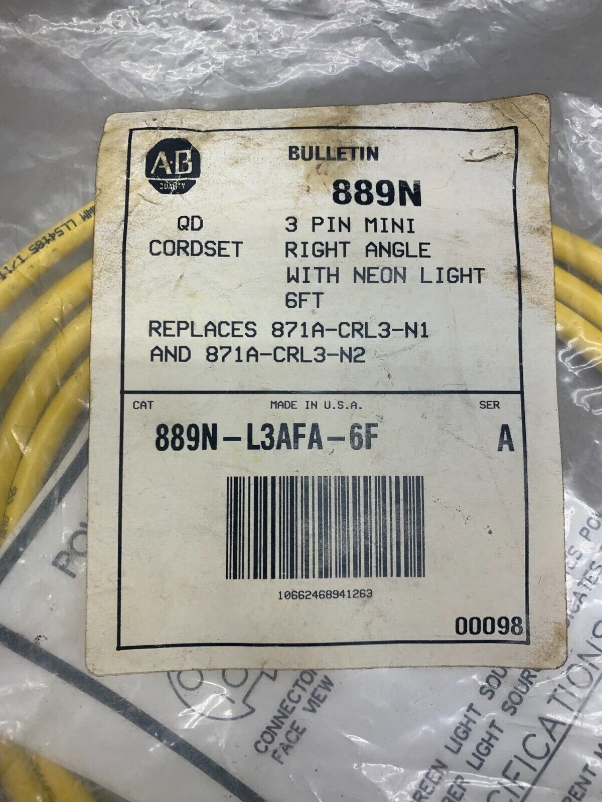 NEW IN PACKAGE ALLEN-BRADLEY QD CORDSET 889N-L3AFA-6F SERIES A