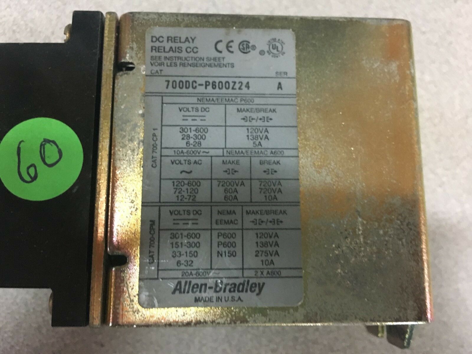 USED ALLEN-BRADLEY DC RELAY 700DC-P600Z24 SERIES A