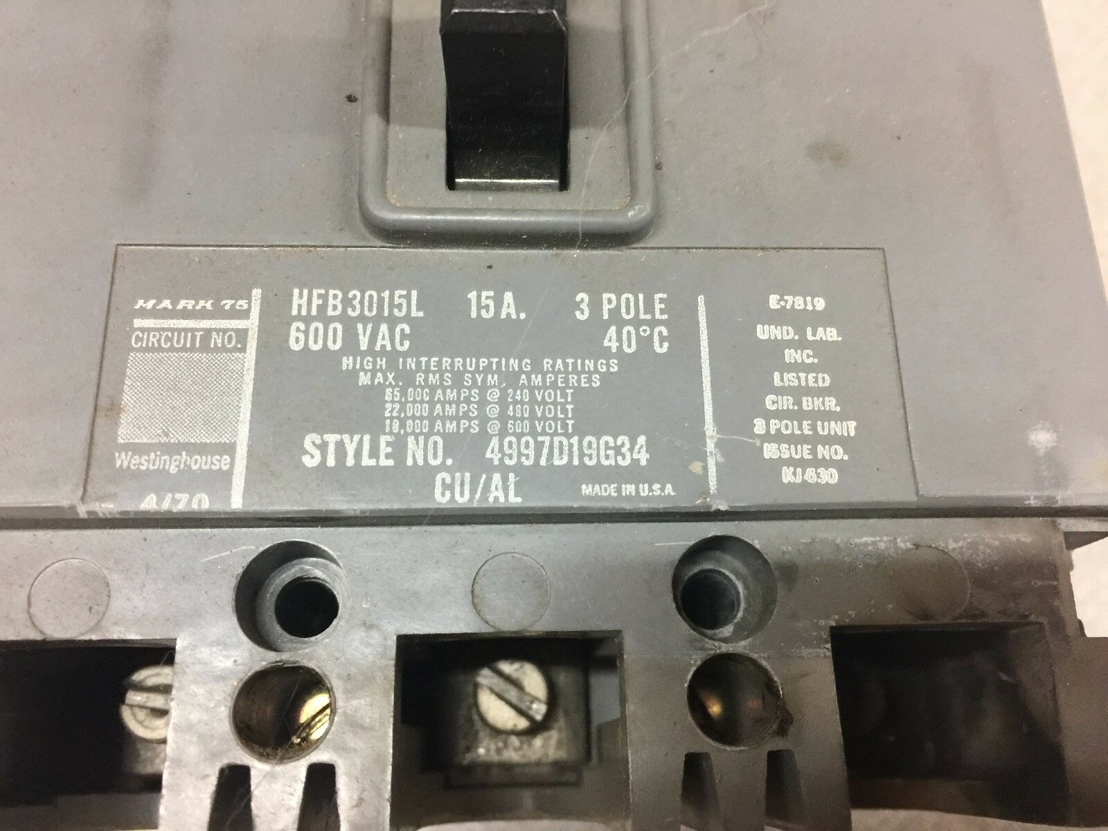 USED WESTINGHOUSE 15AMP 3POLE 600VAC BREAKER HFB3015L