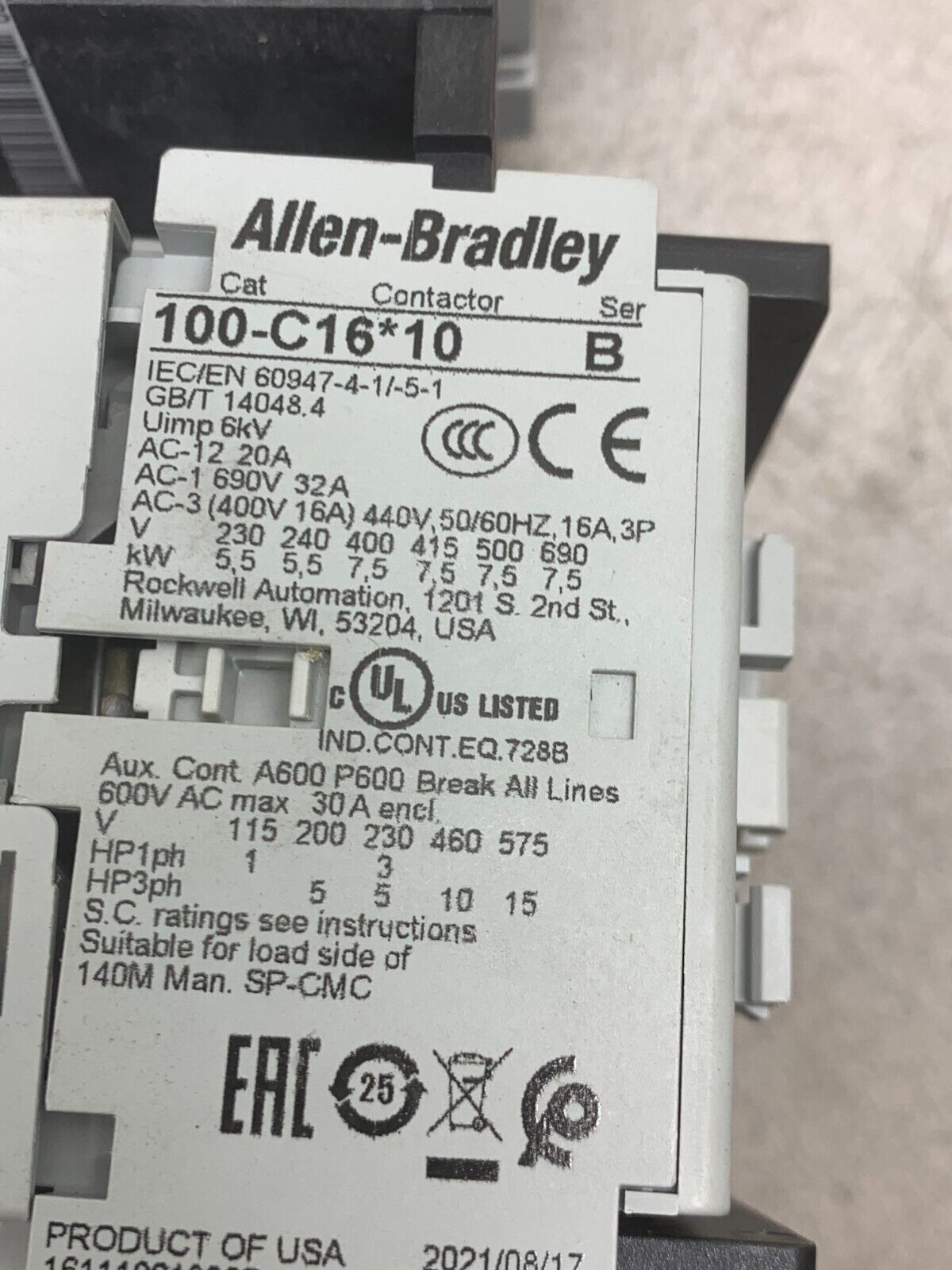 USED ALLEN-BRADLEY 140M-C2E-C10 CONTACTOR ASSEMBLY 107S-CWD3-CC10XK-TE-V