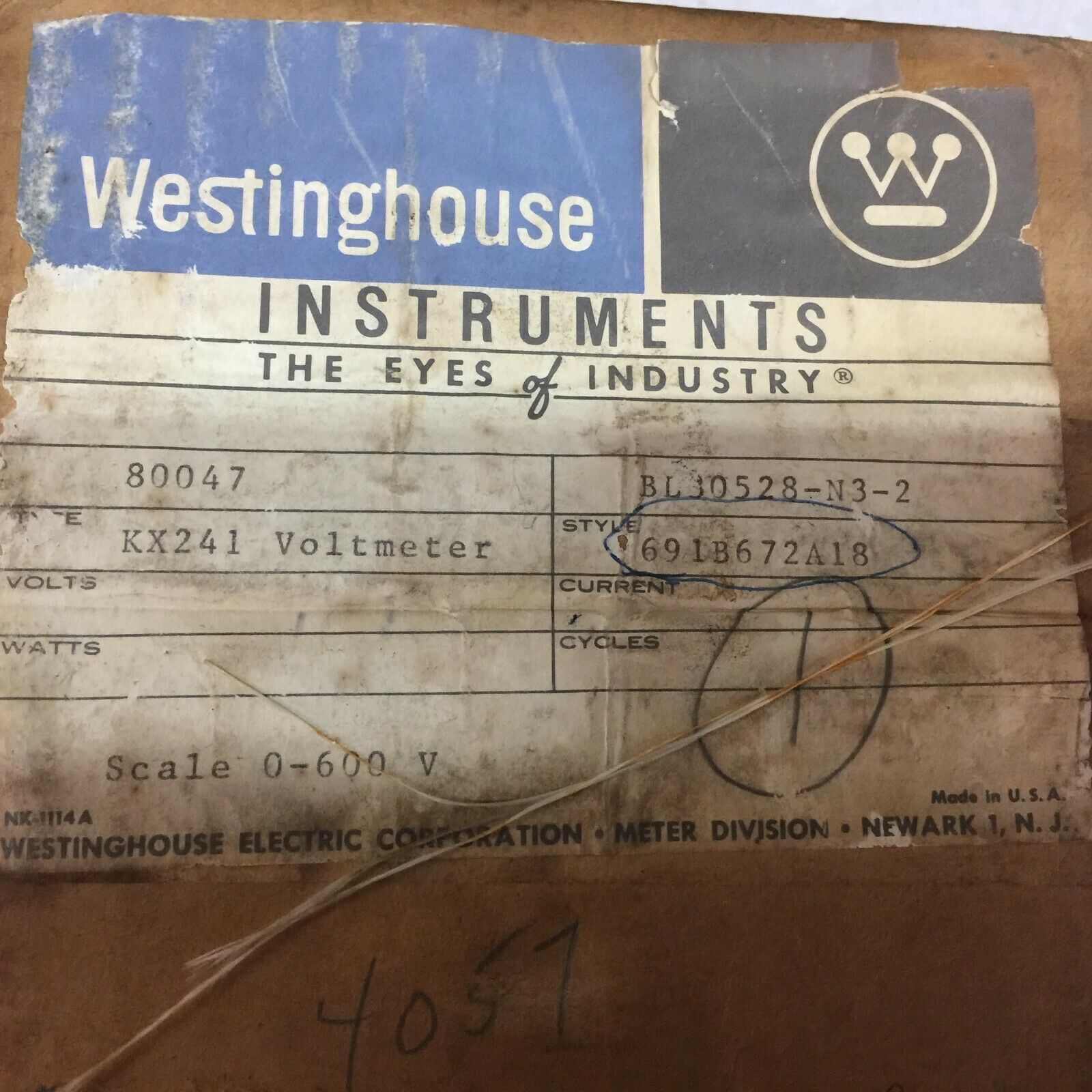 NEW IN BOX WESTINGHOUSE 0-600V KX241 VOLTMETER 691B672A18