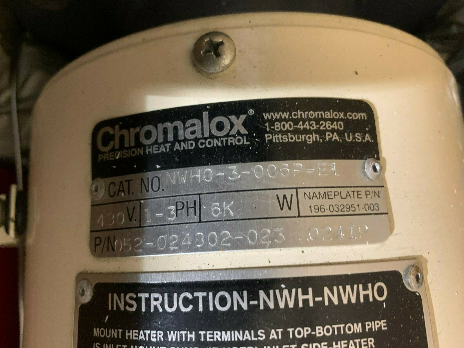 NEW CHROMALOX 480V. 052-024802-023 024IP CIRCULATION HEATER NWH0-3-006P-EL