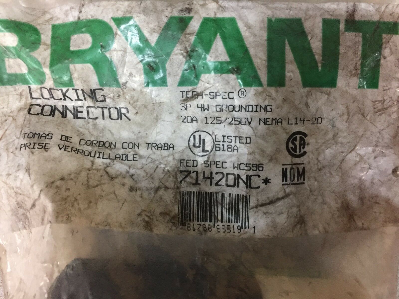 NEW IN ORIGINAL PACKAGE BRYANT LOCKING CONNECTER 20AMP 3P 4W 250V  71420NC