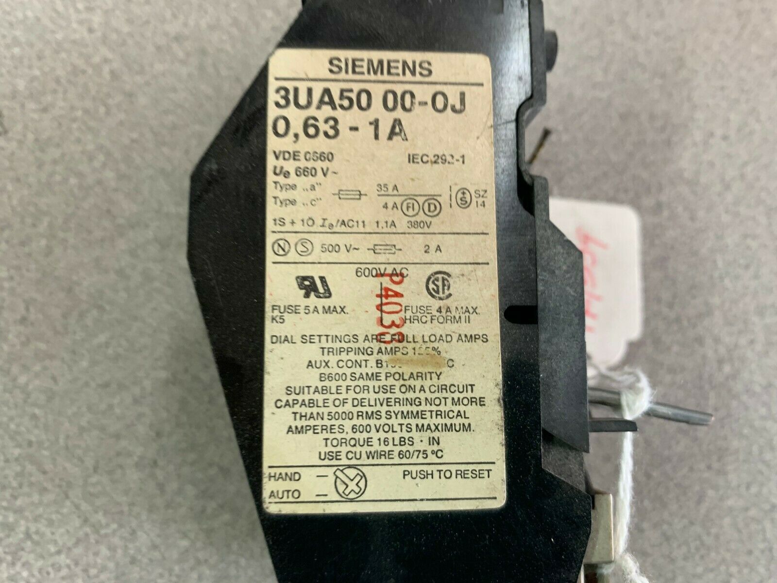 USED SIEMENS RELAY 3UA50-00-0J