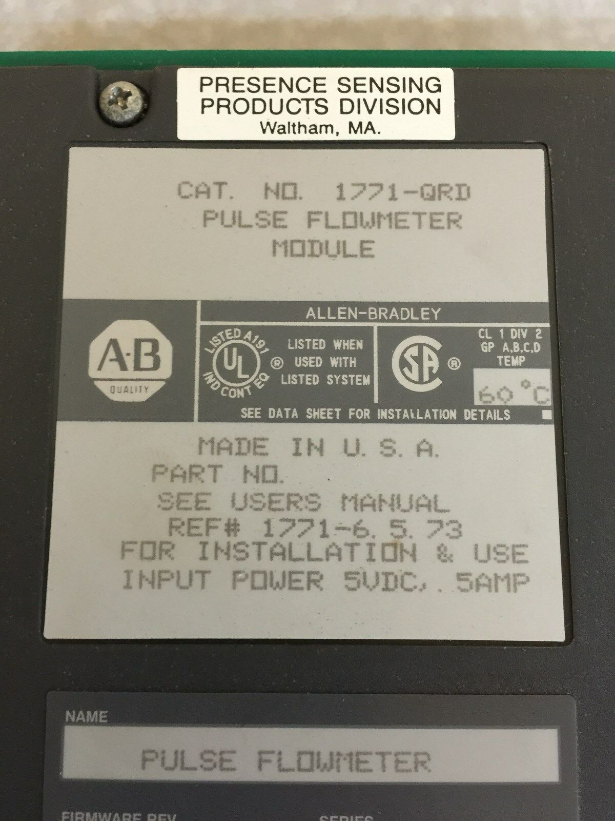 USED ALLEN-BRADLEY PLC-5 PULSE FLOWMETER MODULE 1771-QRD SERIES A