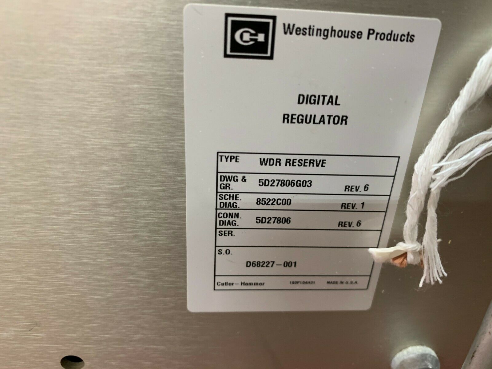 USED WESTINGHOUSE WDR RESERVE DIGITAL VOLTAGE REGULATOR 5D27806G03