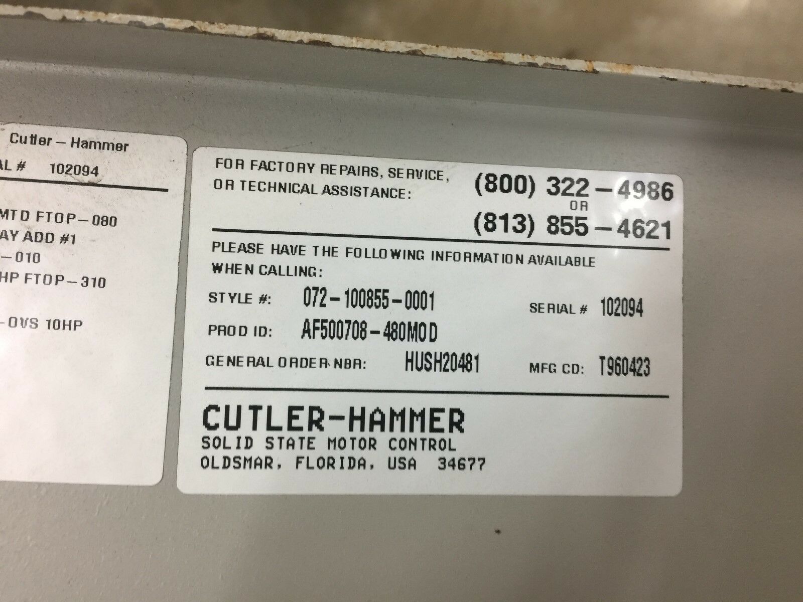 USED CUTLER HAMMER AF5000 SOLID STATE MOTOR CONTROL AF500708-480MOD