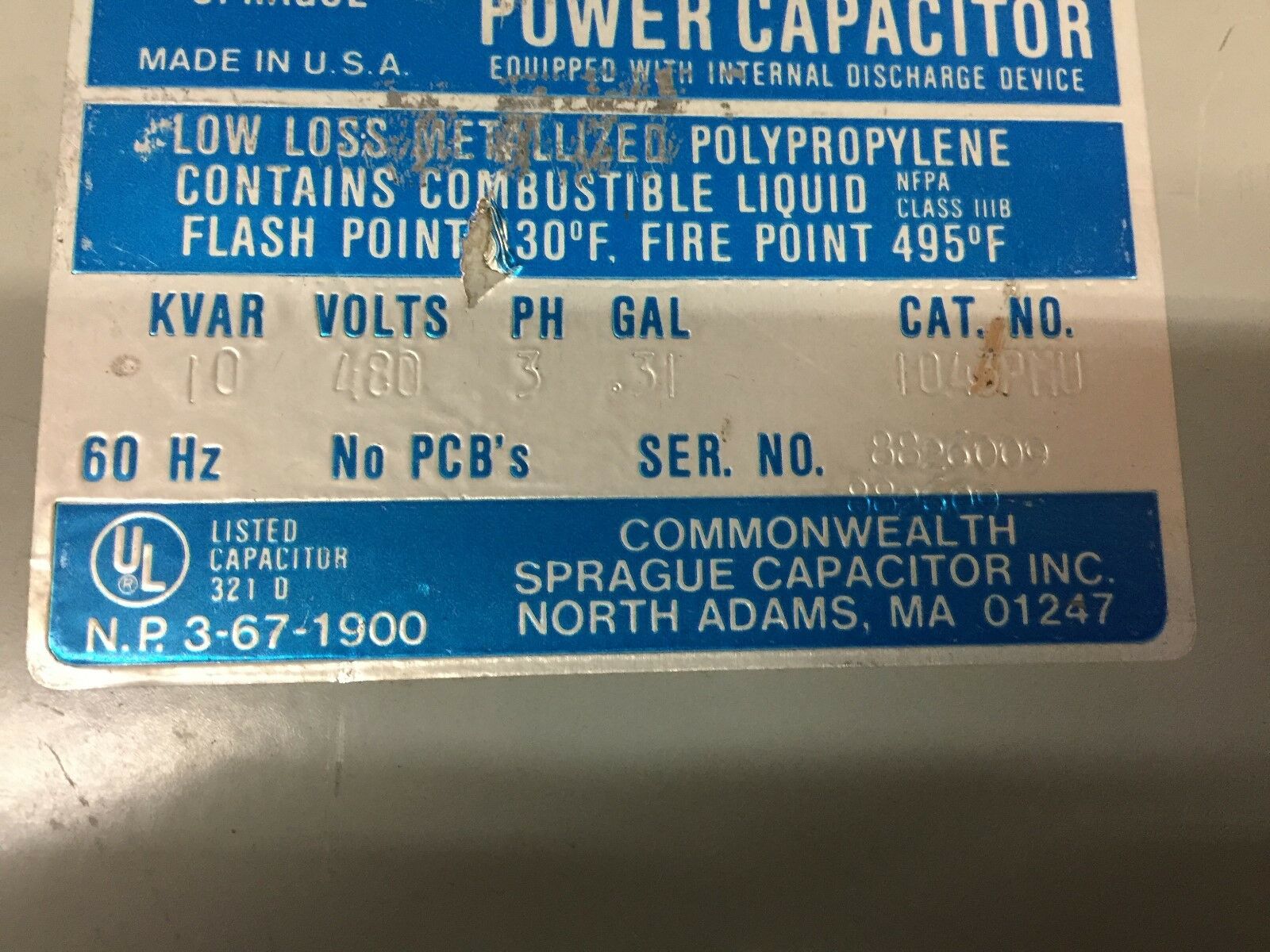 NEW NO BOX ECCOL UNIPAK 10KVAR 480V 3PH .31GAL POWER CAPACITOR 1043PMU