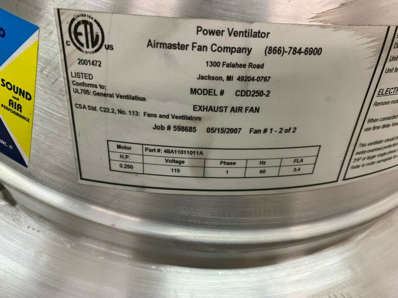 NEW NO BOX AIRMASTER POWER VENTILATOR EXHAUST AIR FAN CDD250-2