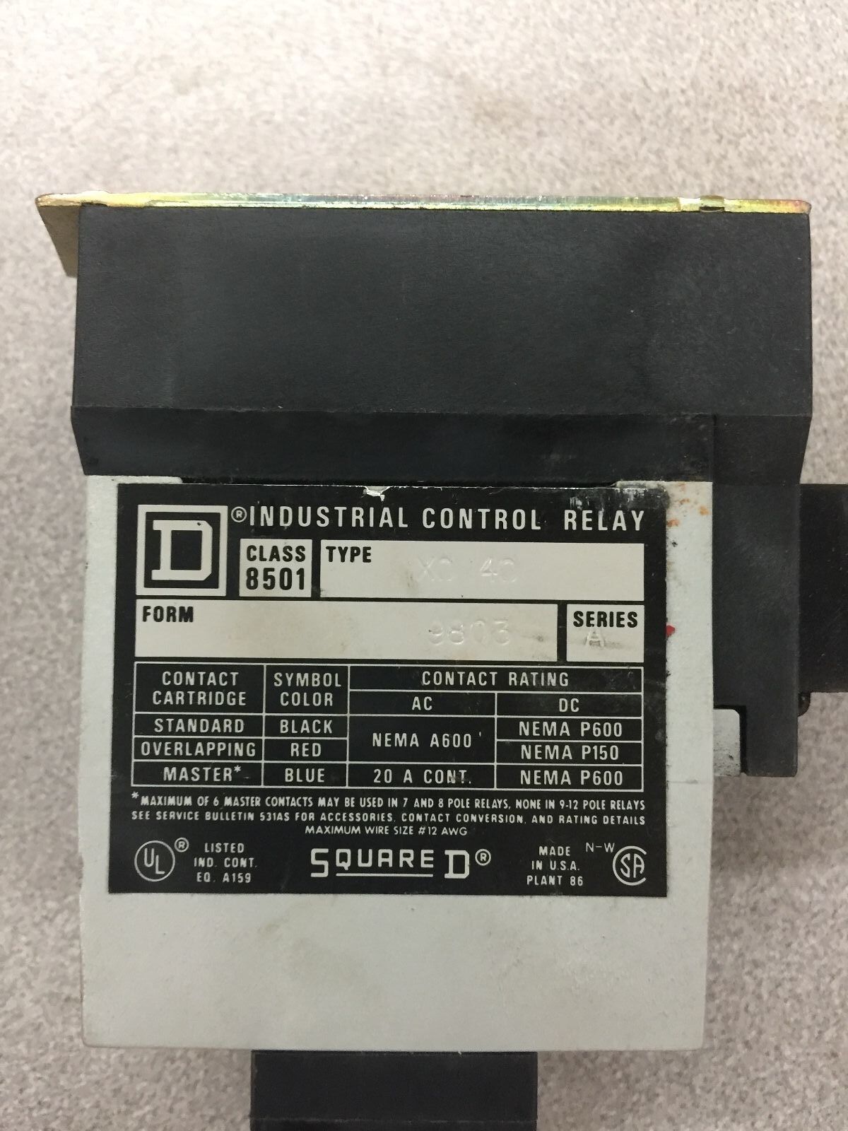 USED SQUARE D CONTROL RELAY CLASS 8501 TYPE XB-40