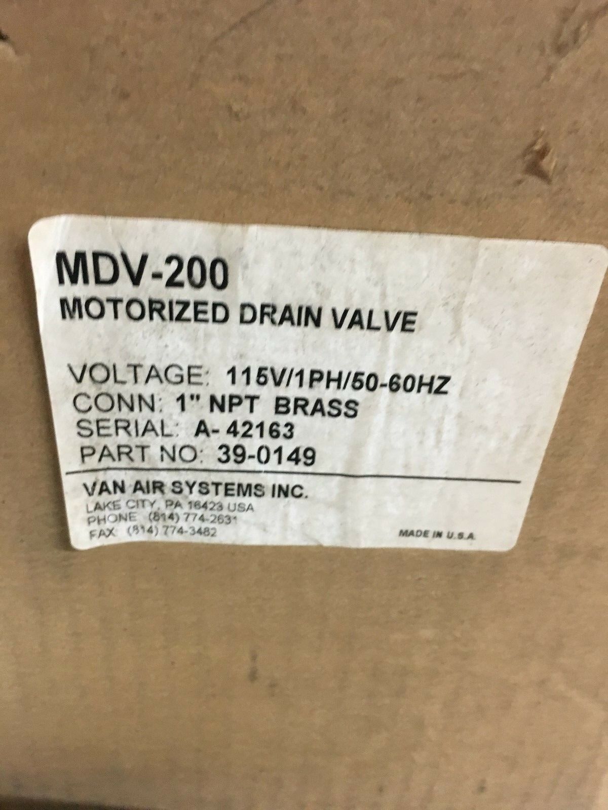 NEW IN BOX VAN-AIR MDV-200 MOTORIZED DRAIN VALVE 1" NPT BRASS 39-0149