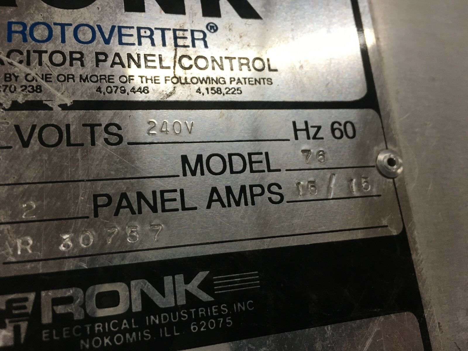 USED RONK 20 KVA ROTOVERTER 240V CAPAITOR PANEL CONTROL TYPE 2C SP MODEL 76