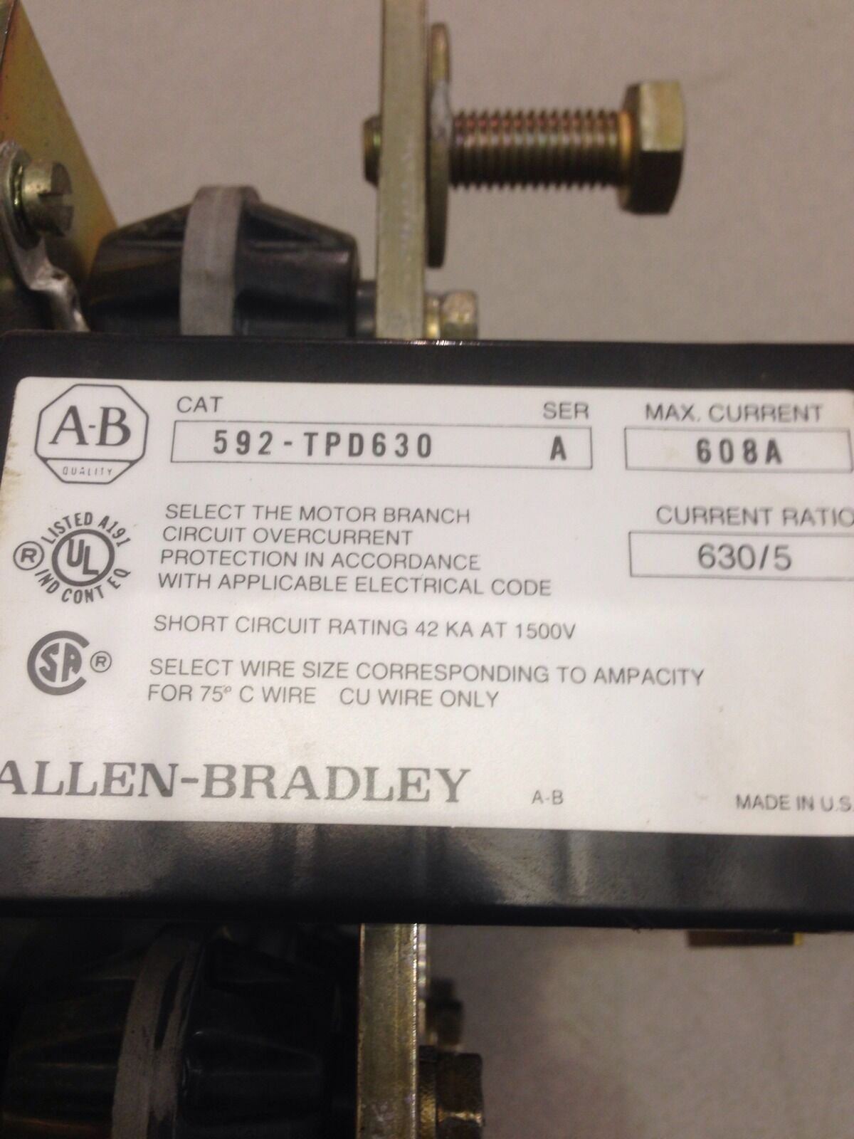 USED ALLEN-BRADLEY TRANSFORMER 592-TPD630 WITH OVERLOAD RELAY 592-JOV16 SERIES A