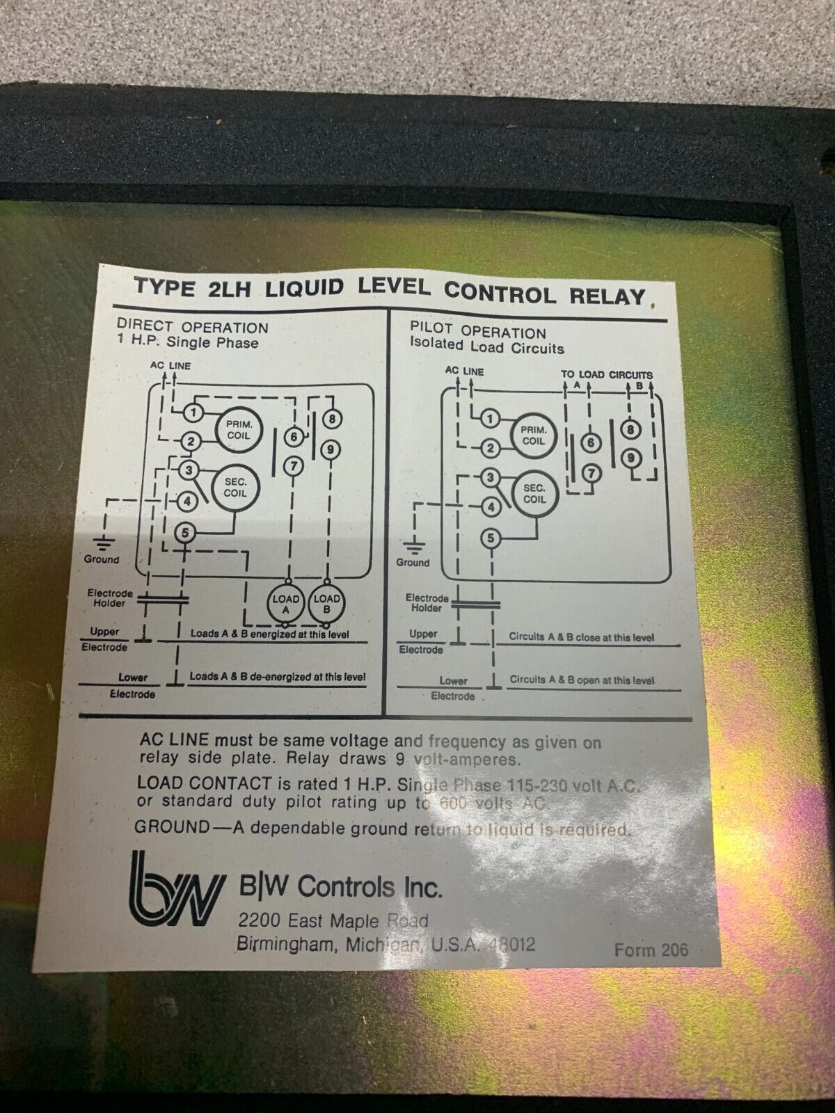 NEW NO BOX BW CONTROLS LIQUID LEVEL CONTROL RELAY TYPE 2LH WITH ENCLOSURE