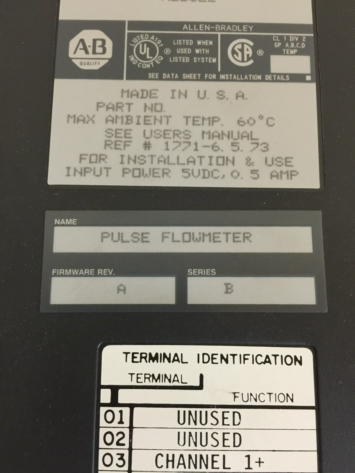 USED ALLEN-BRADLEY PLC-5 PULSE FLOWMETER MODULE 1771-QRD SERIES B