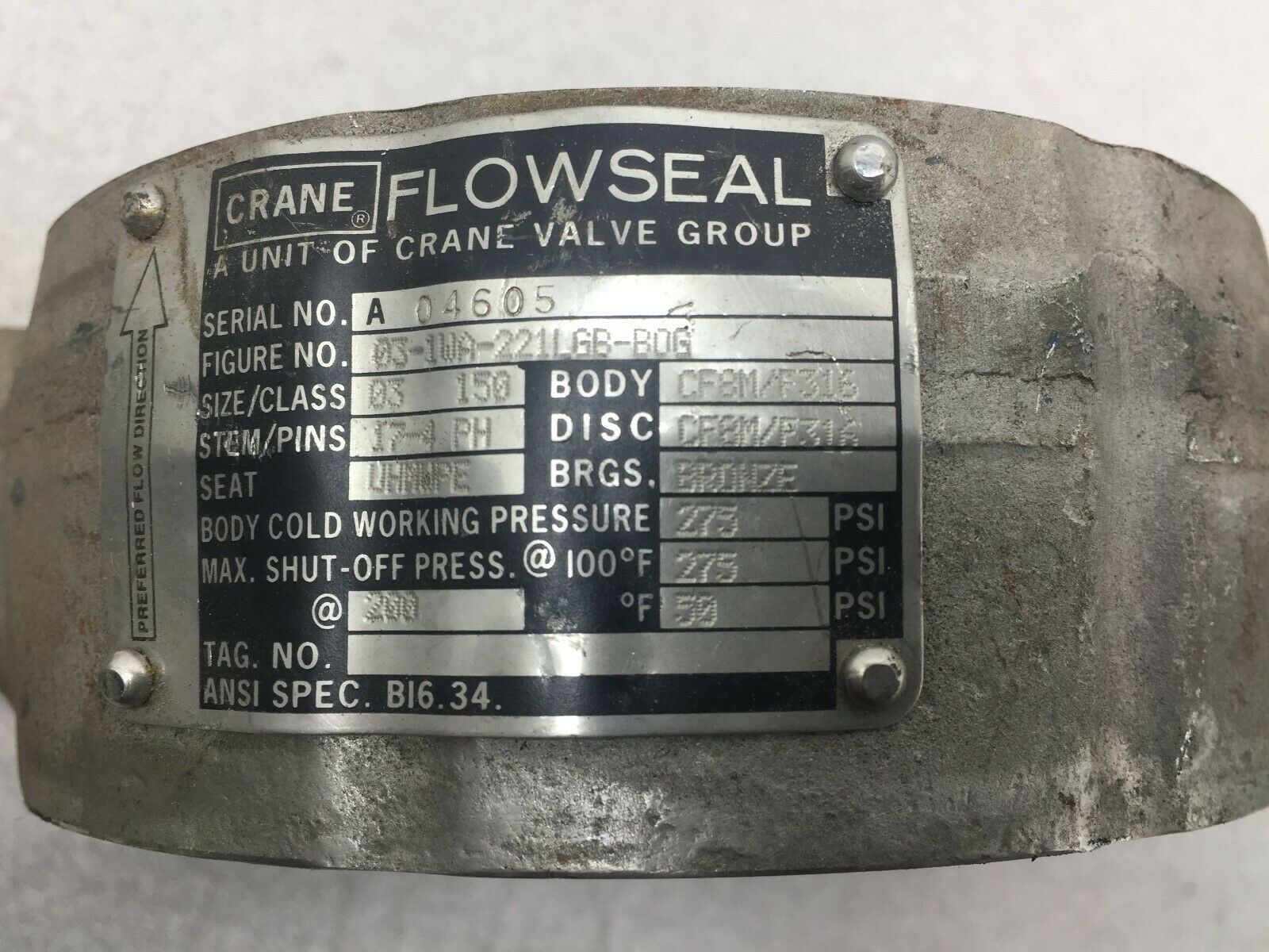 NEW NO BOX CRANE FLOWSEAL 3" 150 PSI VALVE 03-1WA-221LGB-BOG