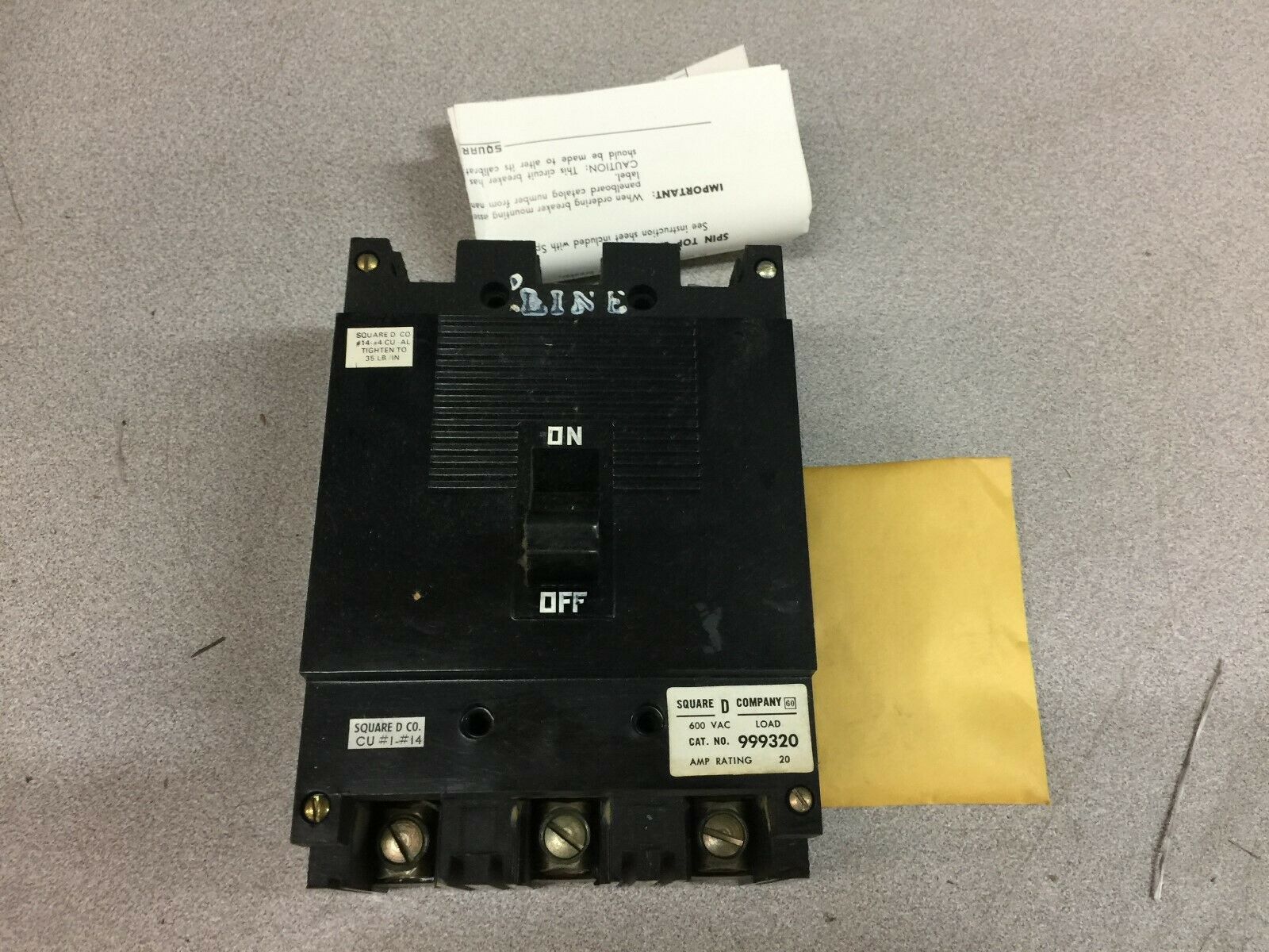 NEW IN BOX SQUARE D 20AMP 3POLE 600VAC BREAKER 99320