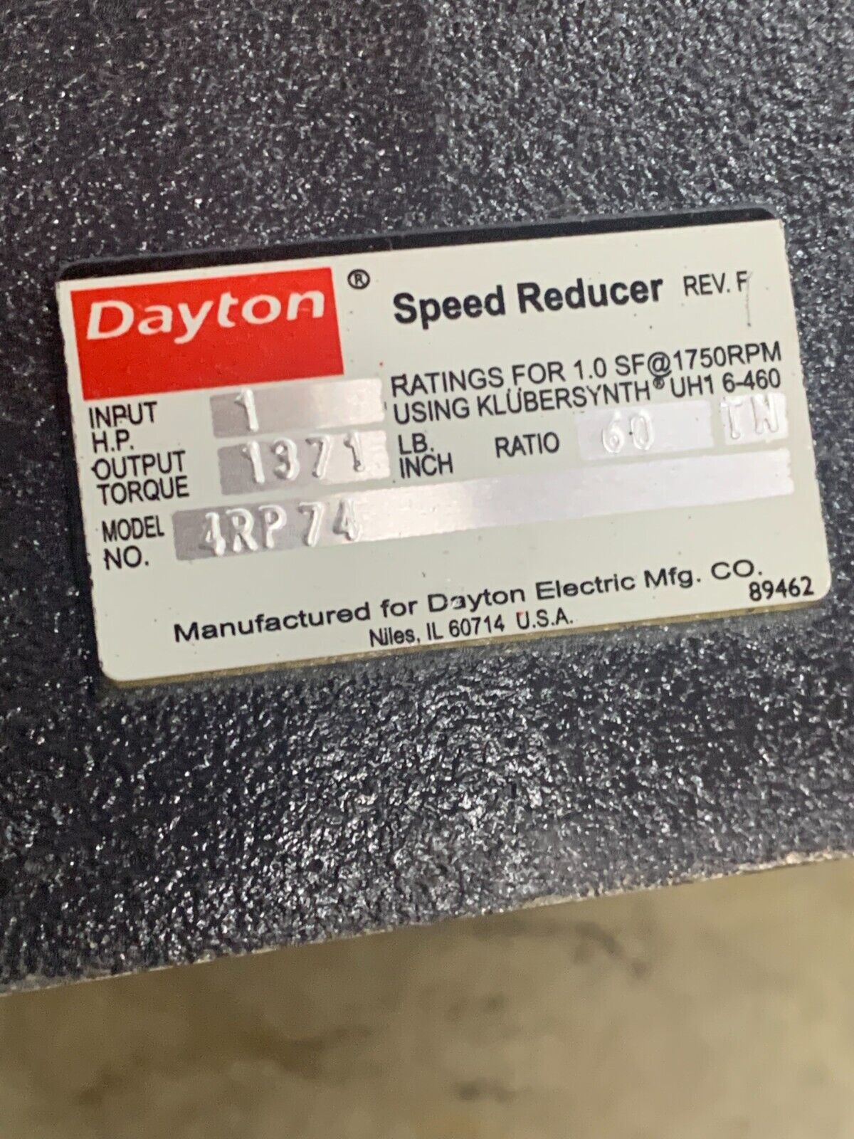 NEW NO BOX DAYTON 60:1 RATIO SPEED REDUCER 4RP74 GEAR BOX FREE SHIPPING!!!