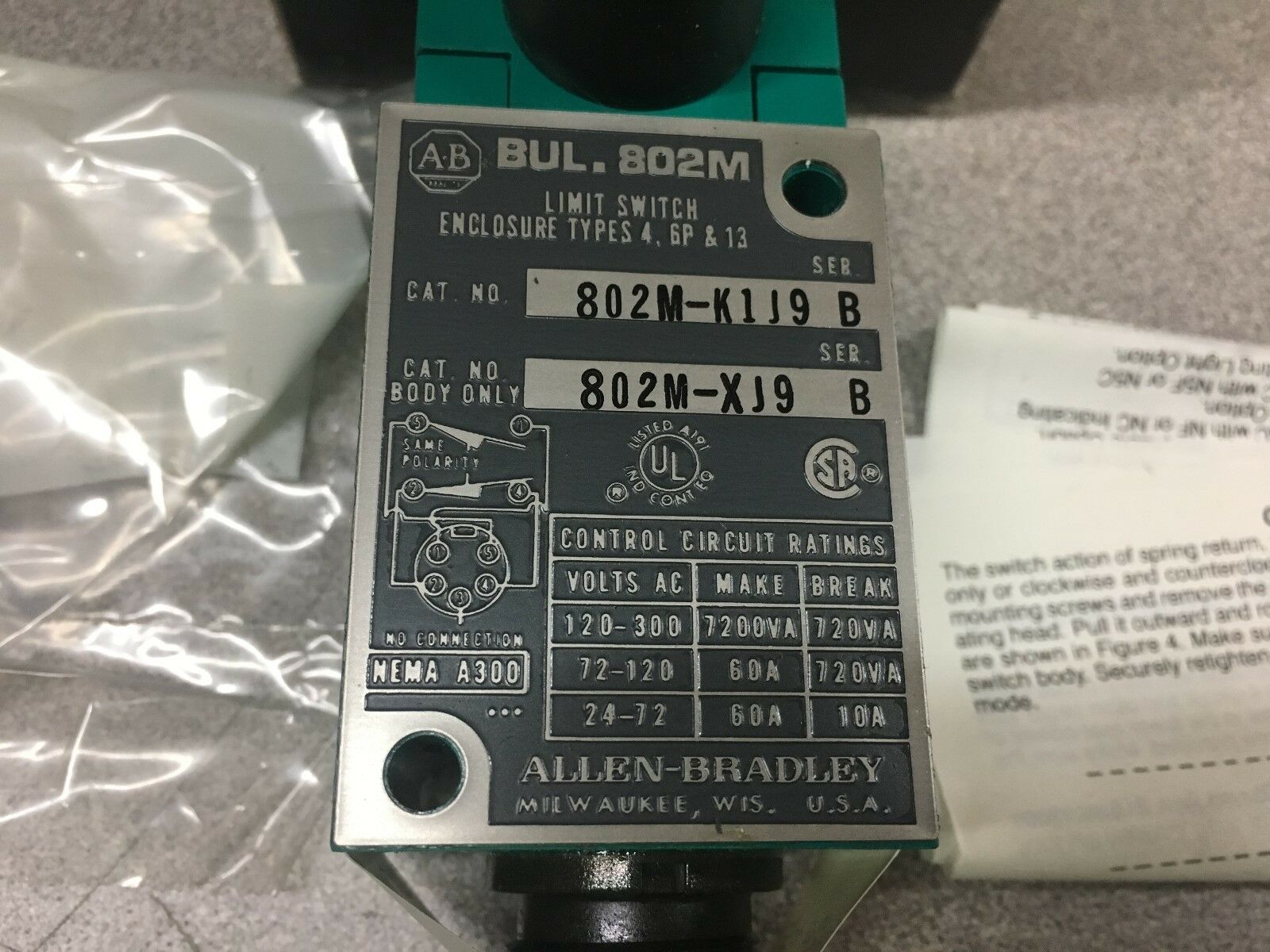 NEW IN BOX ALLEN BRADLEY LIMIT SWITCH 802M-K1J9 SERIES B