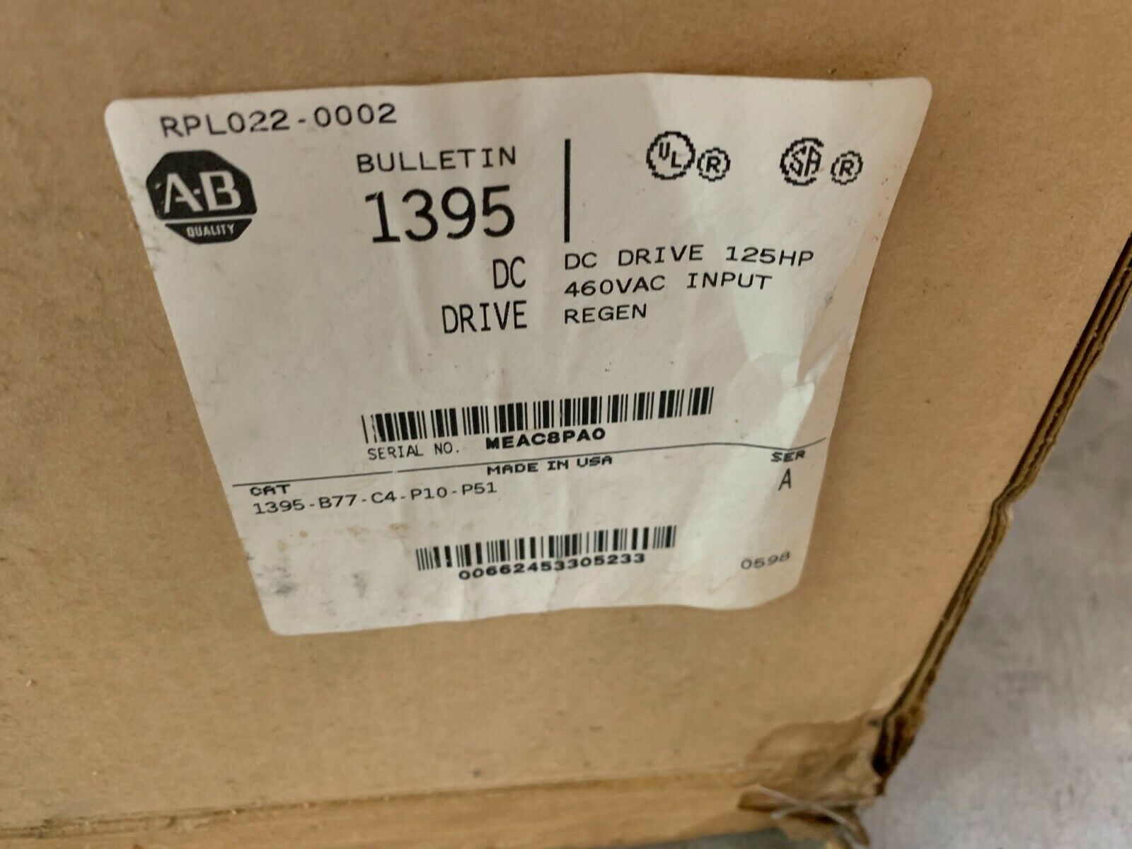 NEW ALLEN-BRADLEY 125HP DC CONTROLLER 1395-B77-C4-P10-P51 *MISSING CONTACTOR*