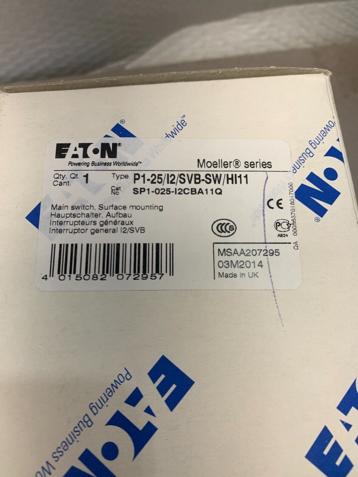 NEW EATON P125/I2/SVB-SW/HI11 SURFACE MOUNTING MAIN SWITCH SP1-025-I2CBA11Q