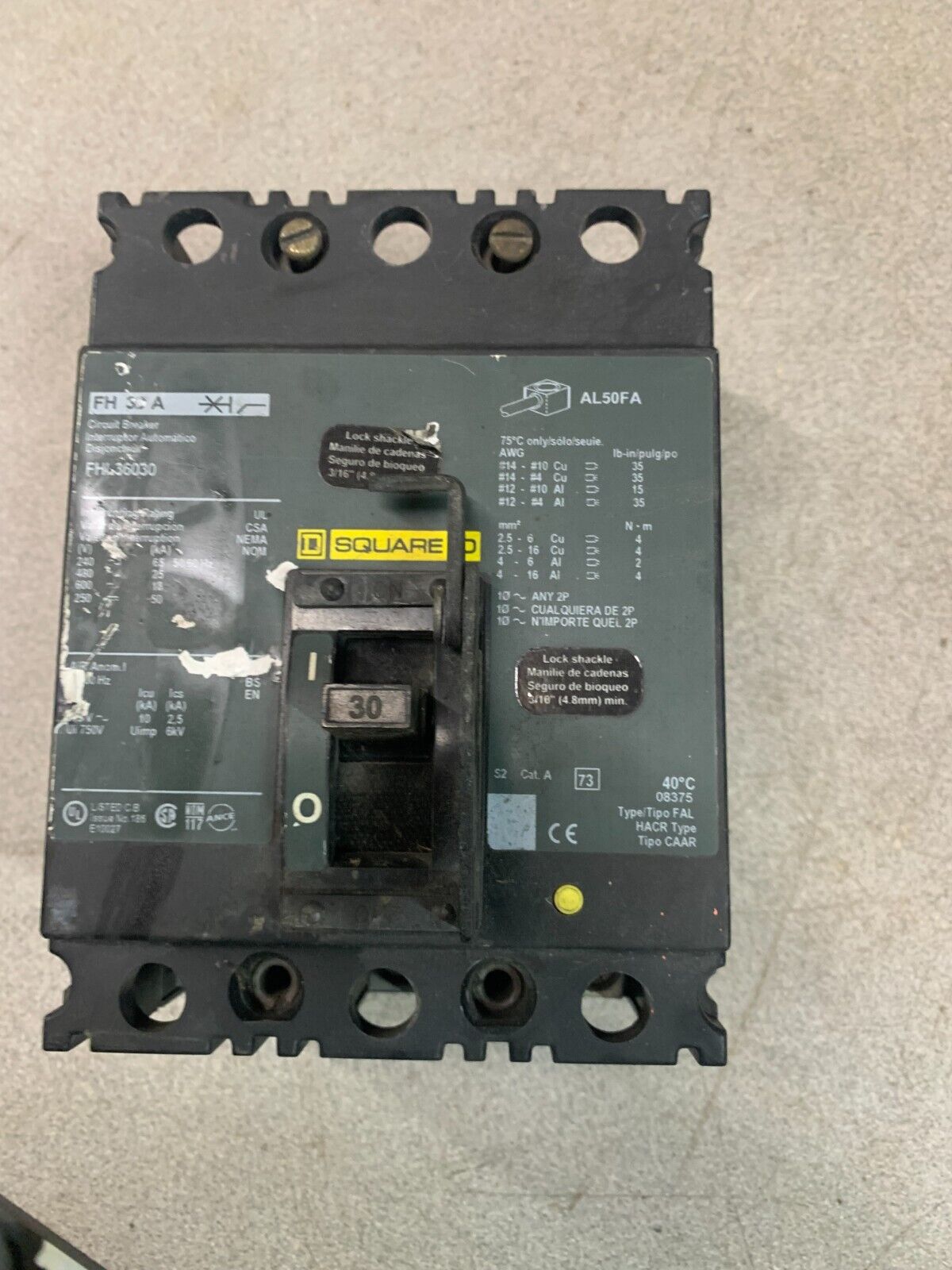 USED SQUARE D 3 POLE 30AMP CIRCUIT BREAKER FHL36030