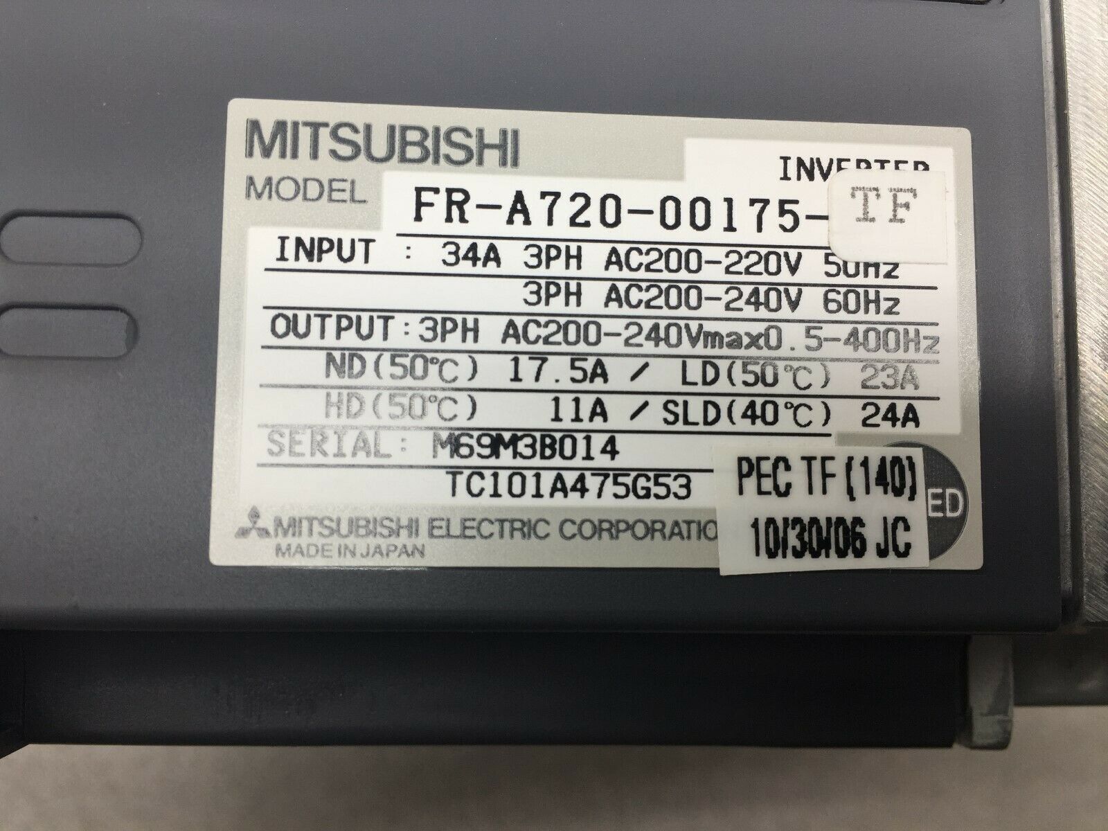 USED MITSUBISHI 3PH 200-240VAC 34AMP INVERTER DRIVE FR-A720-00175-TF