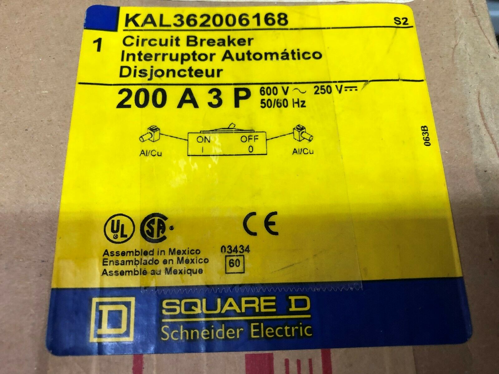 NEW IN BOX SQUARE D 200 AMP 3 POLE 600 VAC 24 VDC SHUNT TRIP CIRCUIT BREAKER KAL