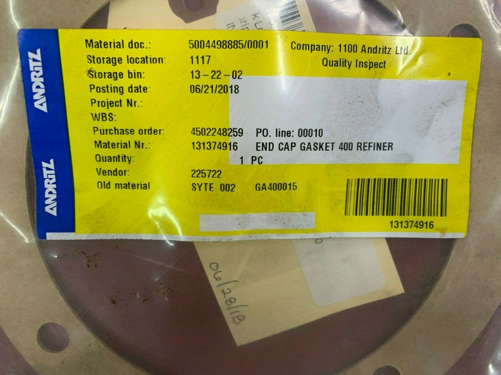 NEW ANDRITZ END CAP GASKET 400 REFINER 131374916