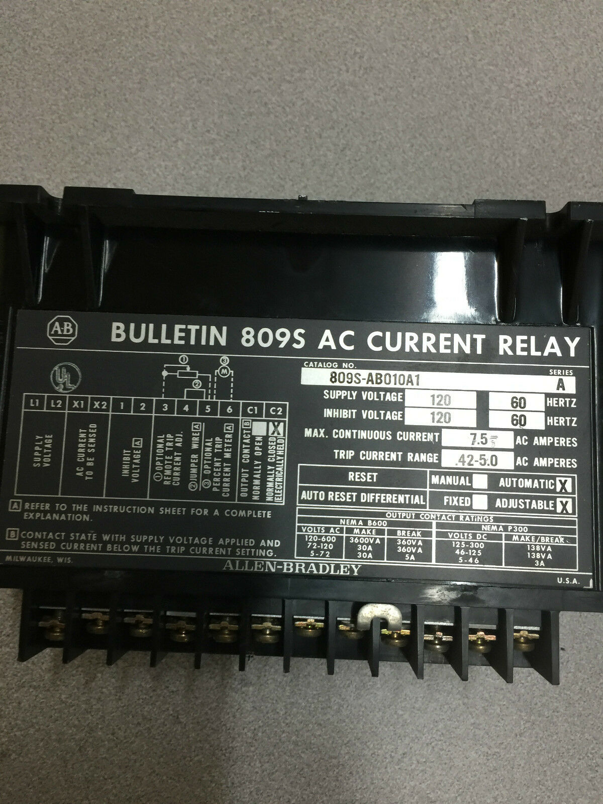 USED ALLEN-BRADLEY BULLETIN 809S AC CURRENT RELAY 809S-AB010A1 SERIES A