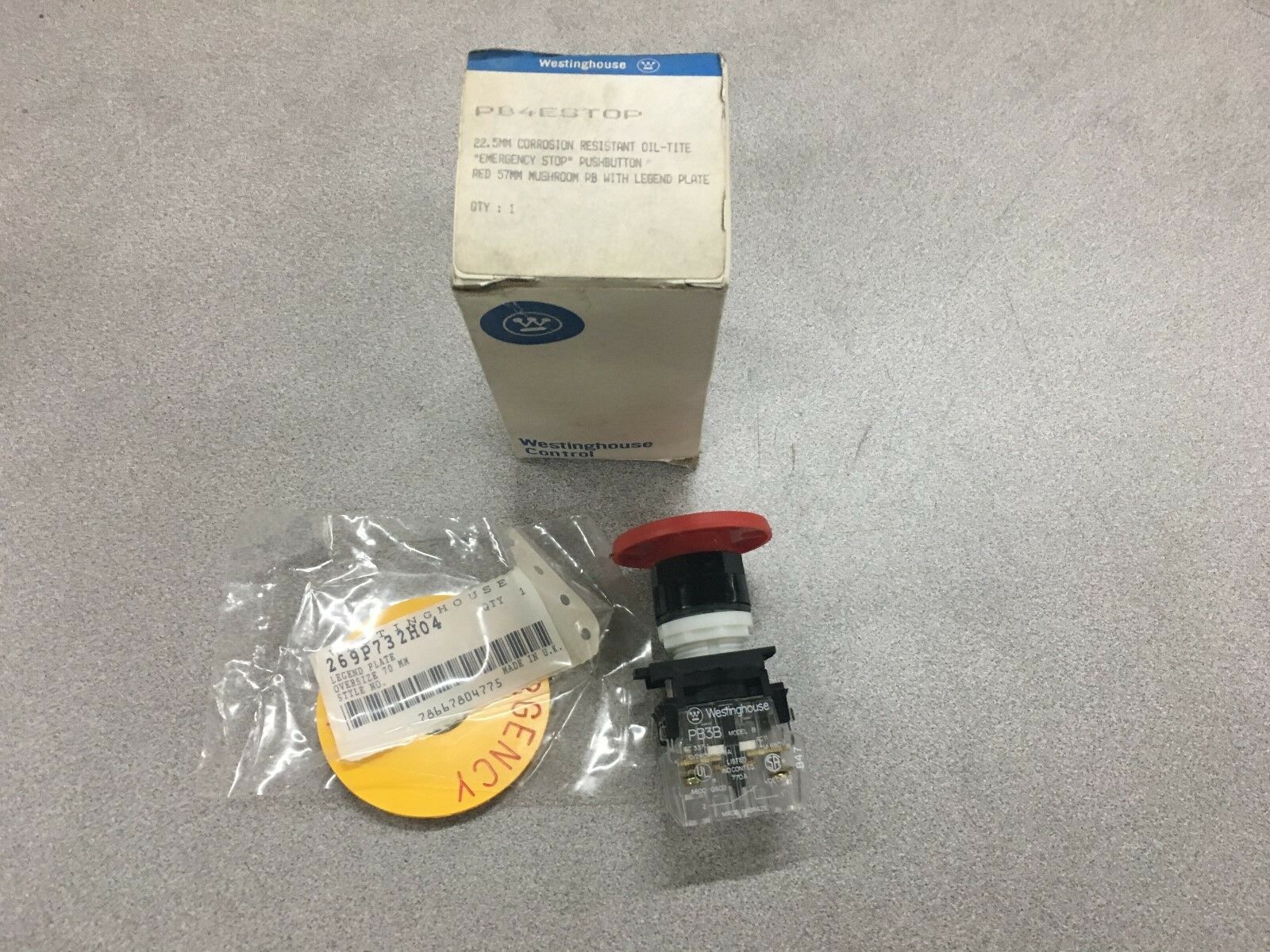 NEW IN BOX WESTINGHOUSE E-STOP PUSHBUTTON PB4ESTOP WITH LEGEND PLATE