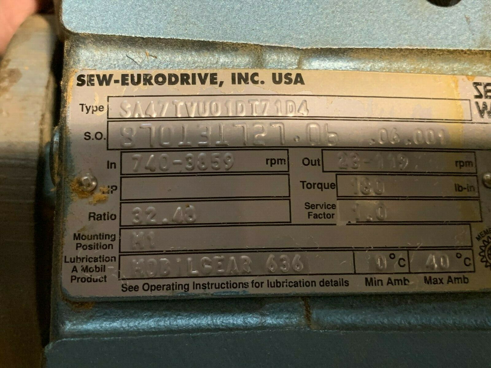 USED SEW-EURODRIVE GEARMOTOR SA47TVU01DT71D4 SPEED REDUCER VUF01DT71D4