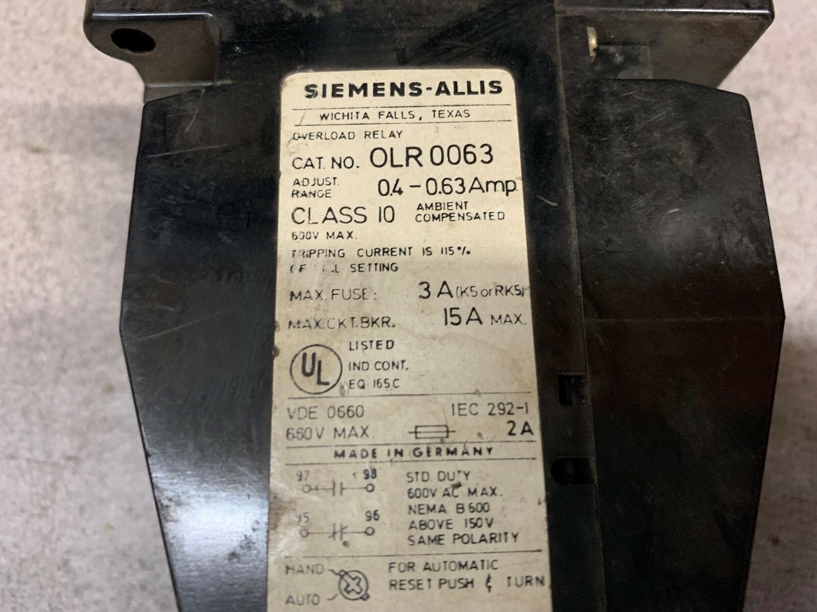 USED SIEMENS RELAY OLR0063