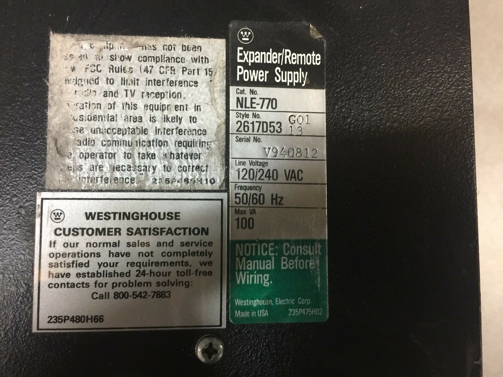 USED WESTINGHOUSE REMOTE POWER SUPPLY NLE-770