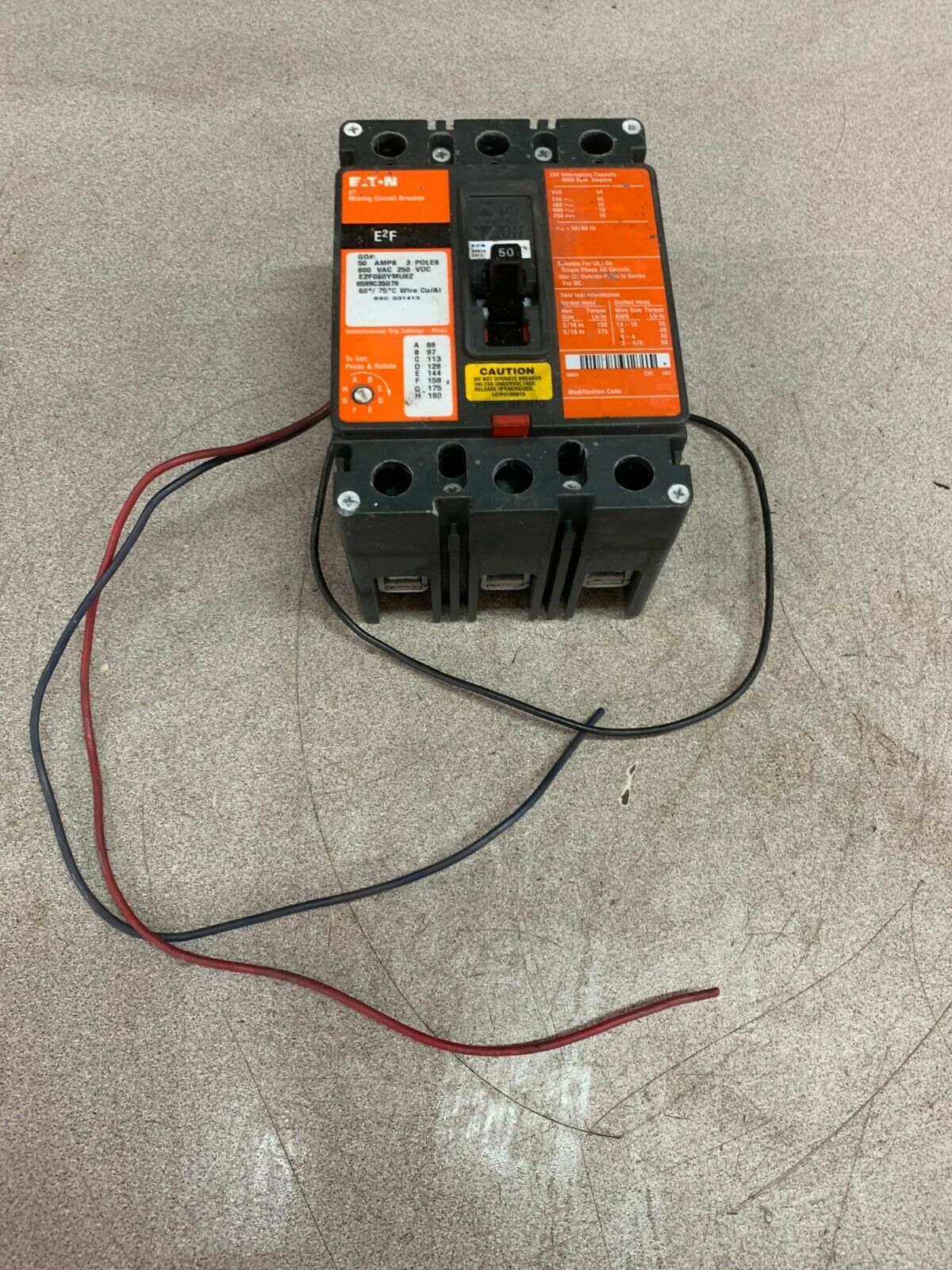 USED EATON CUTLER-HAMMER 3 POLE 50AMP MINING CIRCUIT BREAKER E2F050YMU62