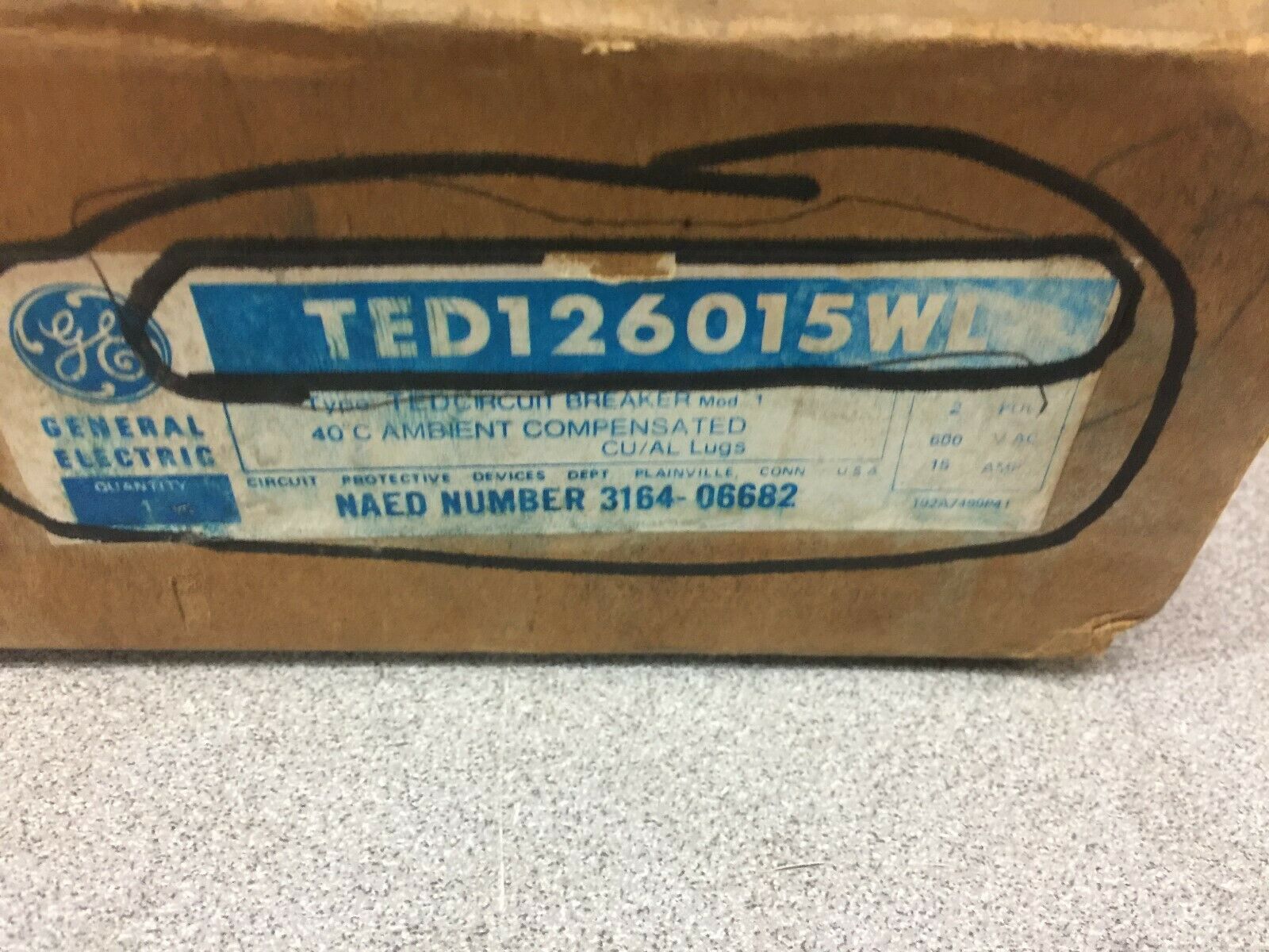 NEW IN BOX GE 15AMP 2POLE 600VAC BREAKER TED126015WL