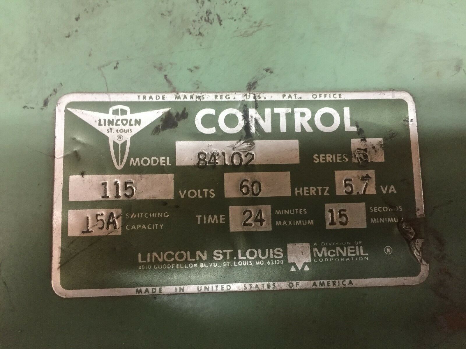 NEW NO BOX  LINCOLN 115VAC 15 AMP 24MIN-15SEC TIMING CONTROL 84102