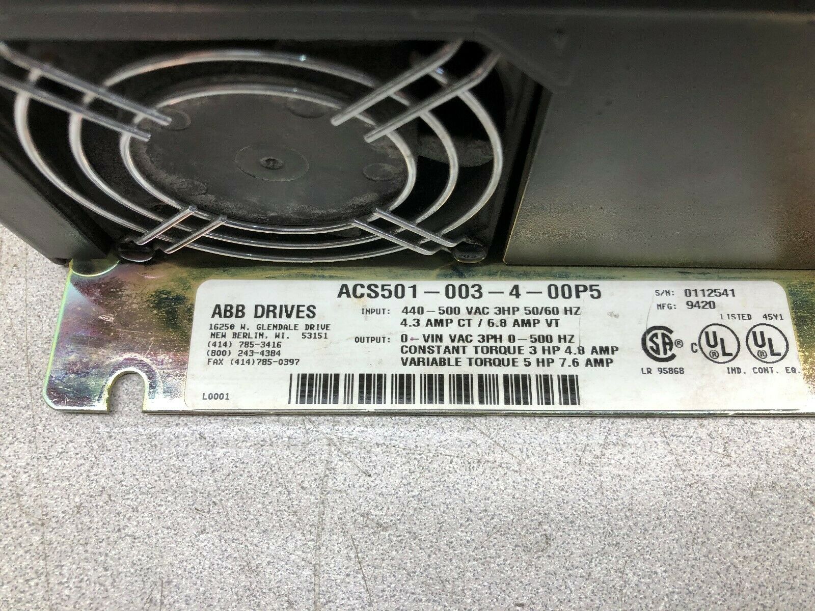 USED ABB 5 HP 6.8 AMP 480 VAC 3 PH 0-500 HZ FREQUENCY DRIVE ACS501-003-4-00P5