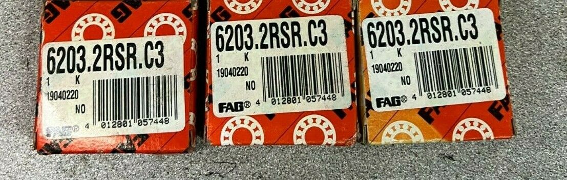 LOT OF 3 NEW IN BOX FAG 6203.C3 BALL BEARING 6203.2RSR.C3